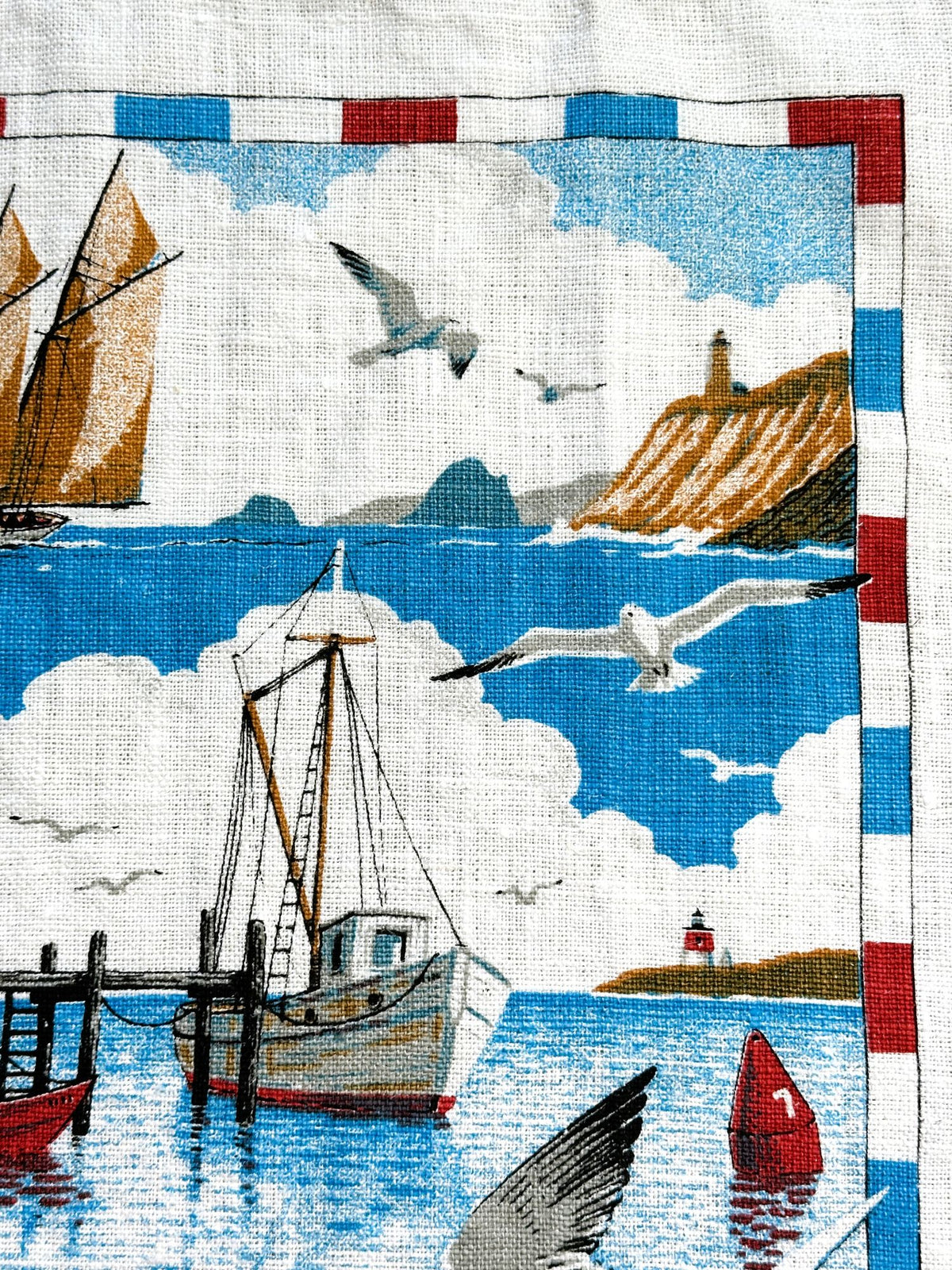 Maine Portland Head Light Cape Elizabeth Vintage Kay Dee Hand Printed Linen 16 x 26 inches READY TO FRAME