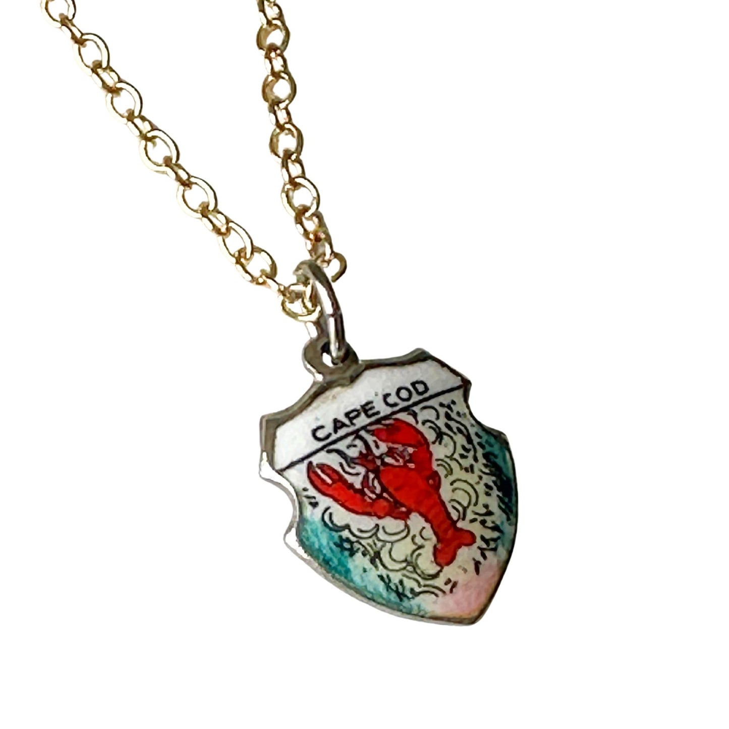 Massachusetts Cape Cod Lobster Vintage Fritz REU Sterling Silver Enamel Charm on New 18 Inch Gold Filled Necklace