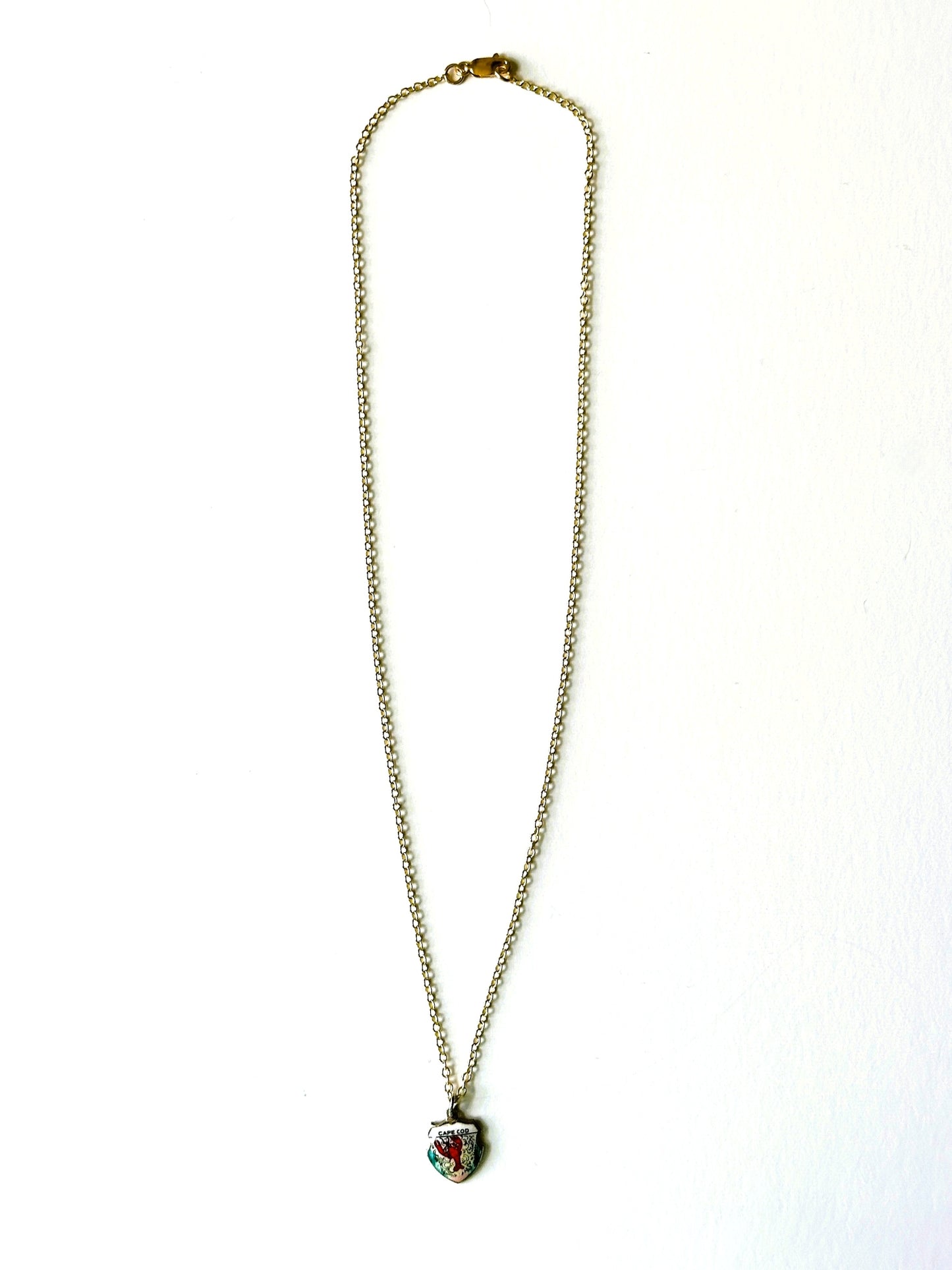 Massachusetts Cape Cod Lobster Vintage Fritz REU Sterling Silver Enamel Charm on New 18 Inch Gold Filled Necklace
