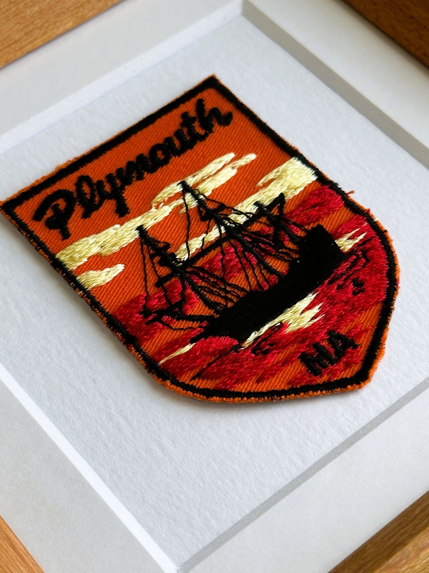 Massachusetts Plymouth Sunset Ship Framed Vintage Travel Patch