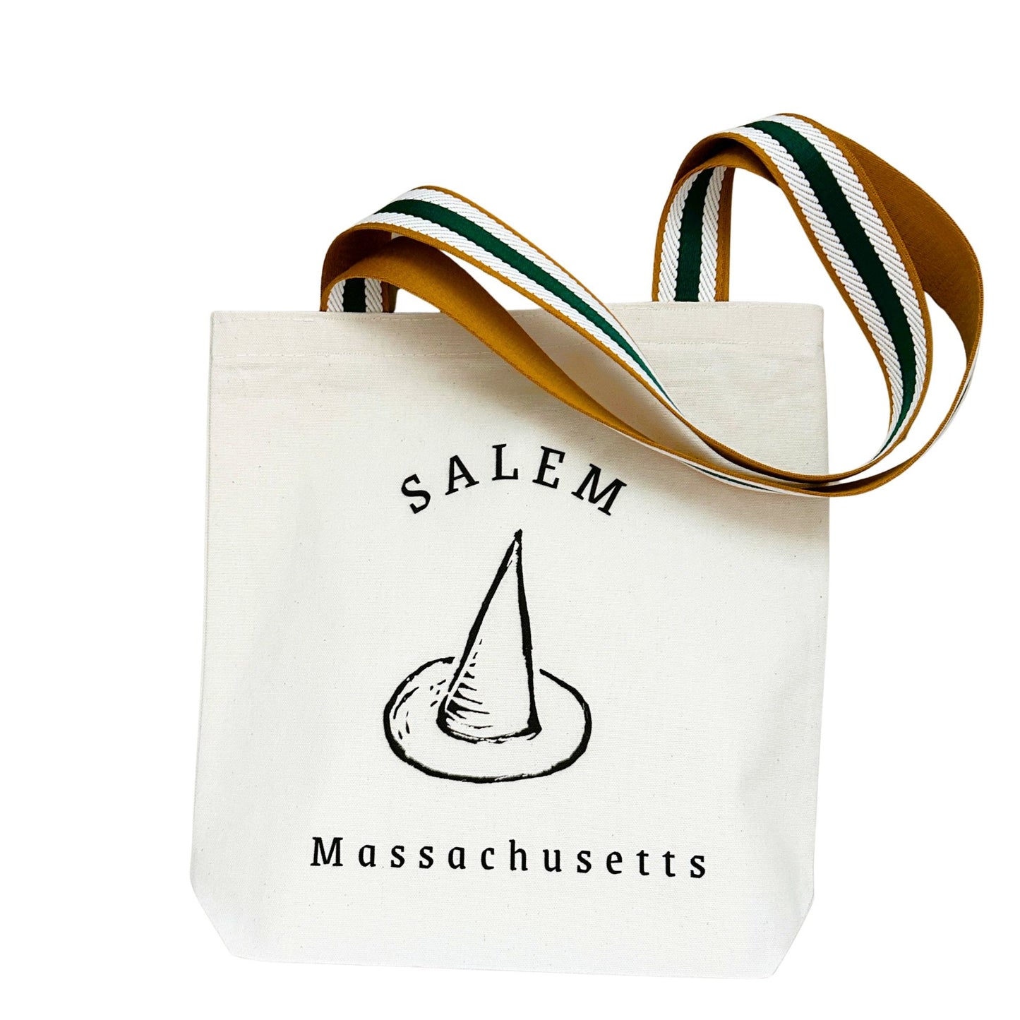 Massachusetts Salem Witch Hat Block Print Tote Bag Green Striped Straps