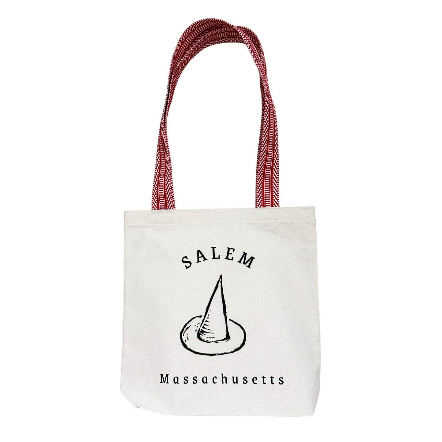 Massachusetts Salem Witch Hat Block Print Tote Bag Red Straps