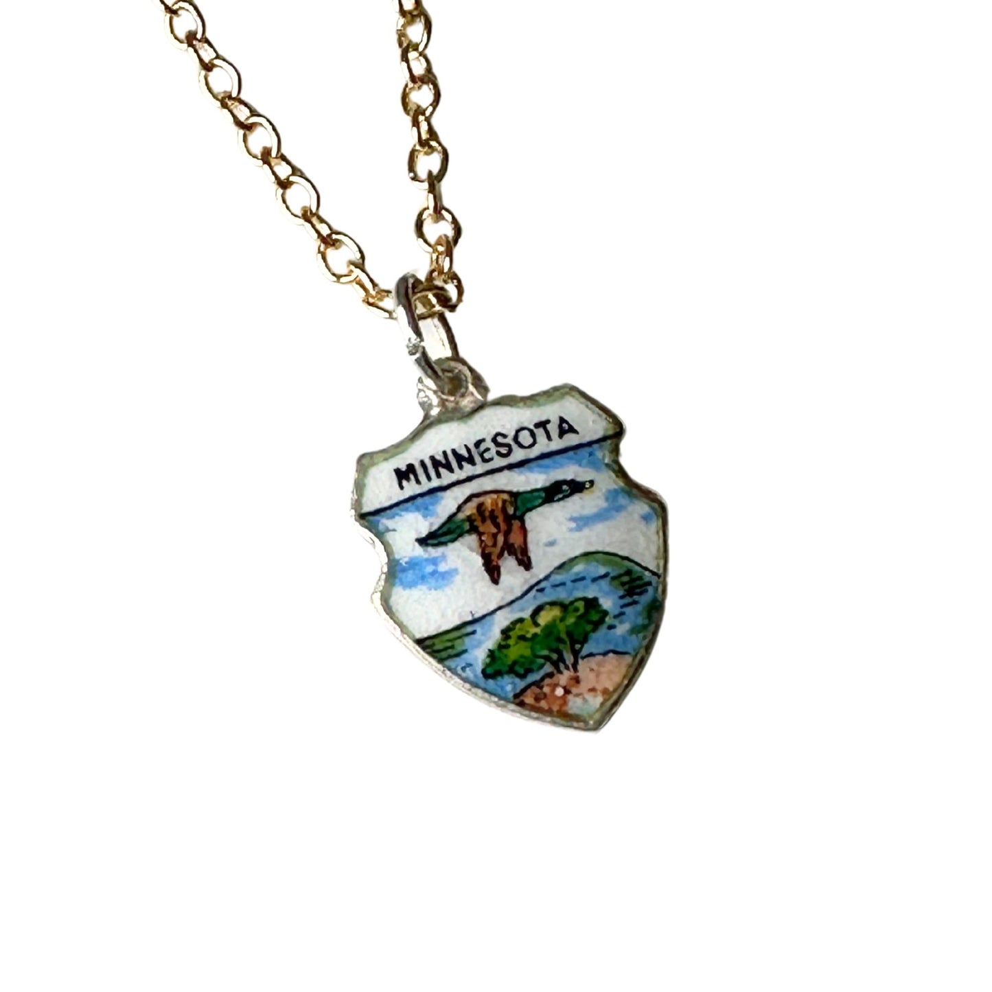 Minnesota Vintage Fritz REU Sterling Silver Enamel Charm on New 18 Inch Gold Filled Necklace