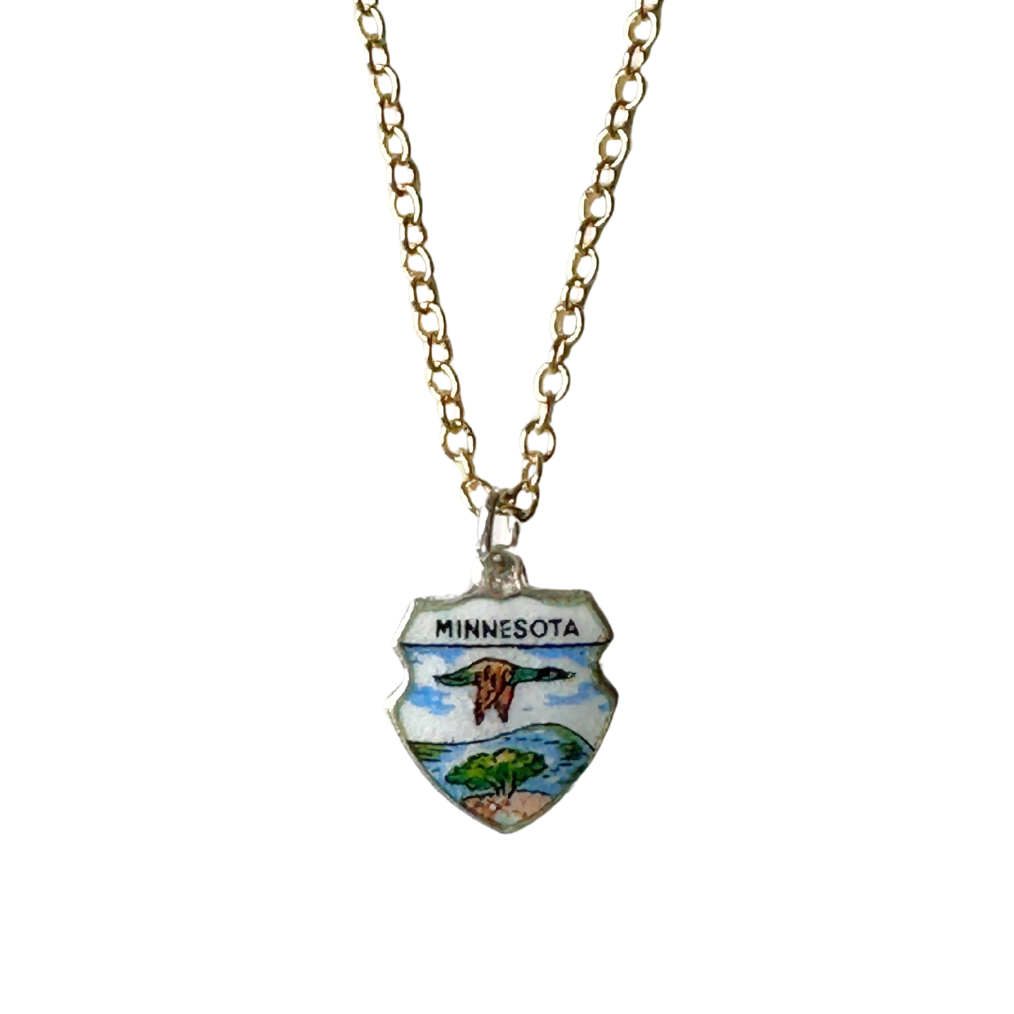 Minnesota Vintage Fritz REU Sterling Silver Enamel Charm on New 18 Inch Gold Filled Necklace