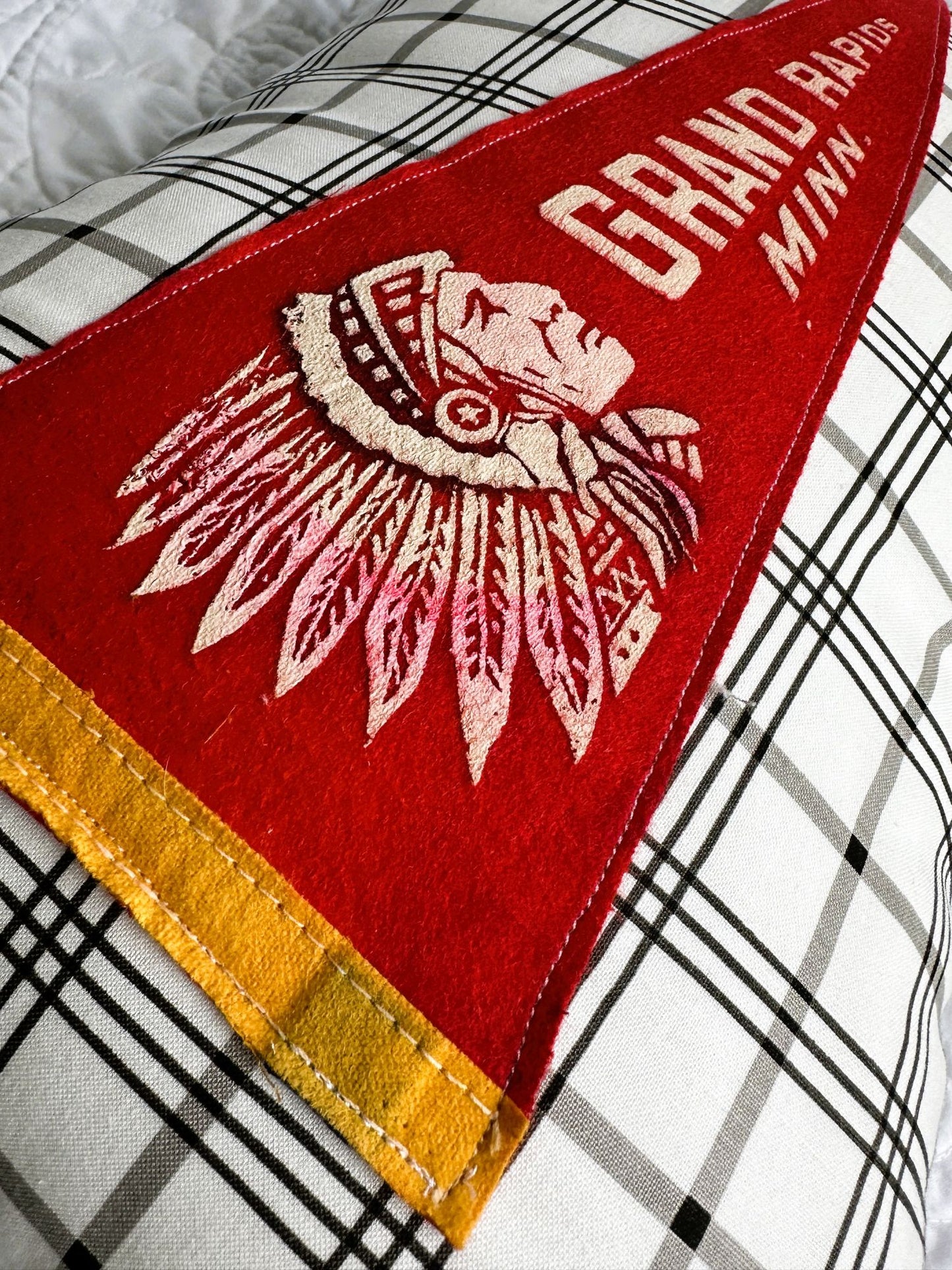 Minnesota Grand Rapids Vintage Pennant on New Woven Plaid Throw Pillow