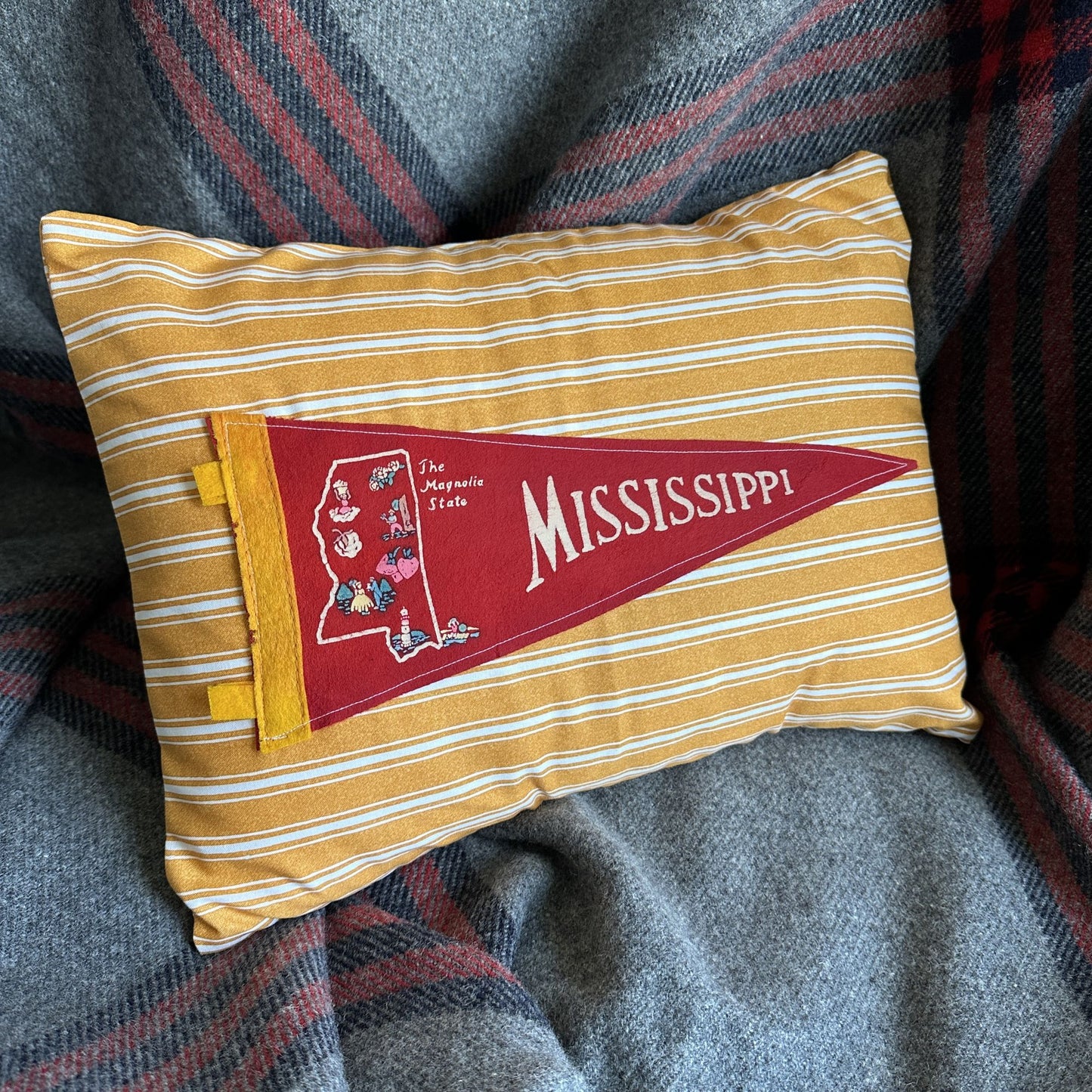 Mississippi Vintage Red Pennant on New Yellow Striped Throw Pillow