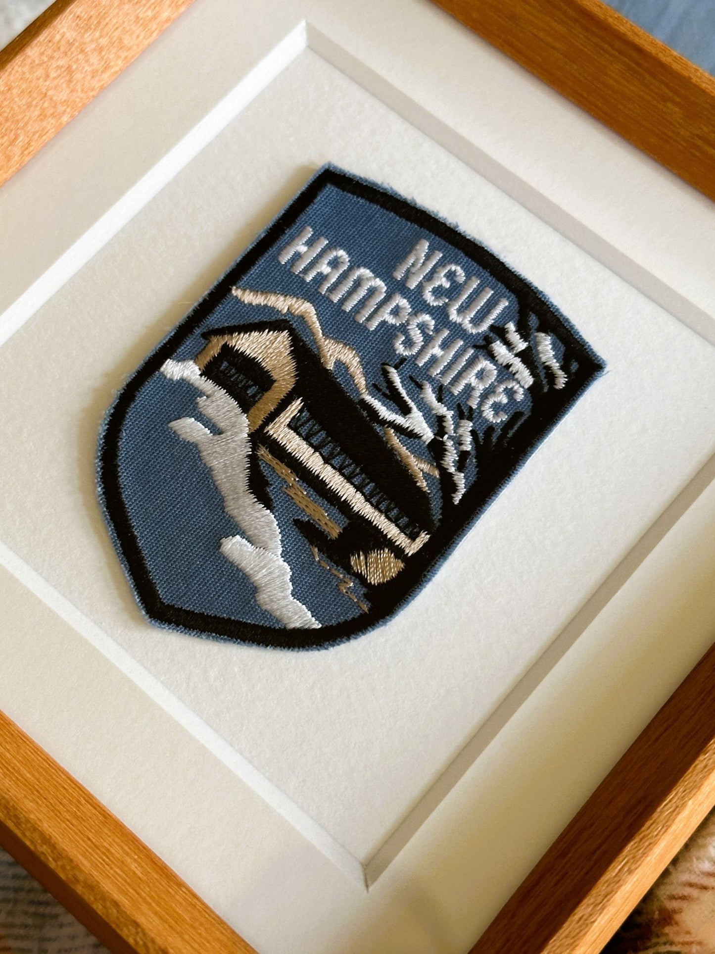 New Hampshire Snowy Covered Bridge Vintage Patch Wood Framed
