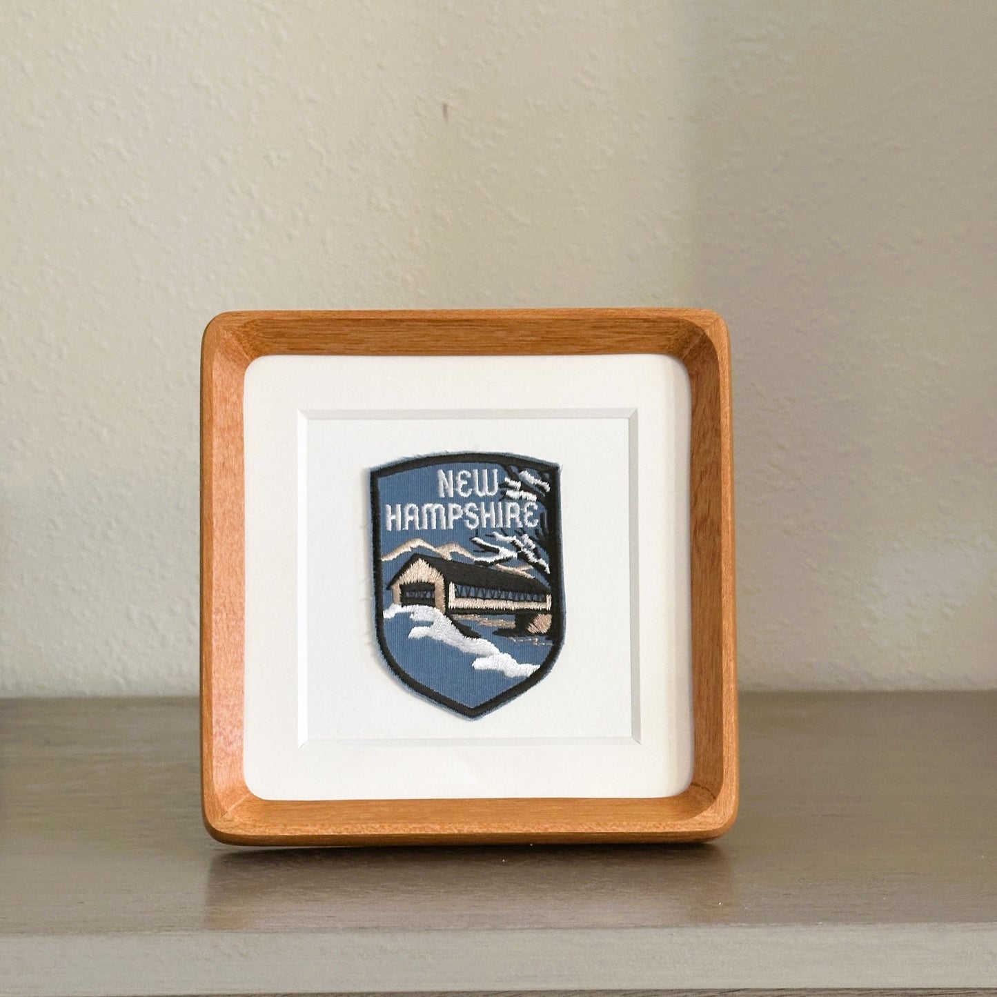 New Hampshire Snowy Covered Bridge Vintage Patch Wood Framed