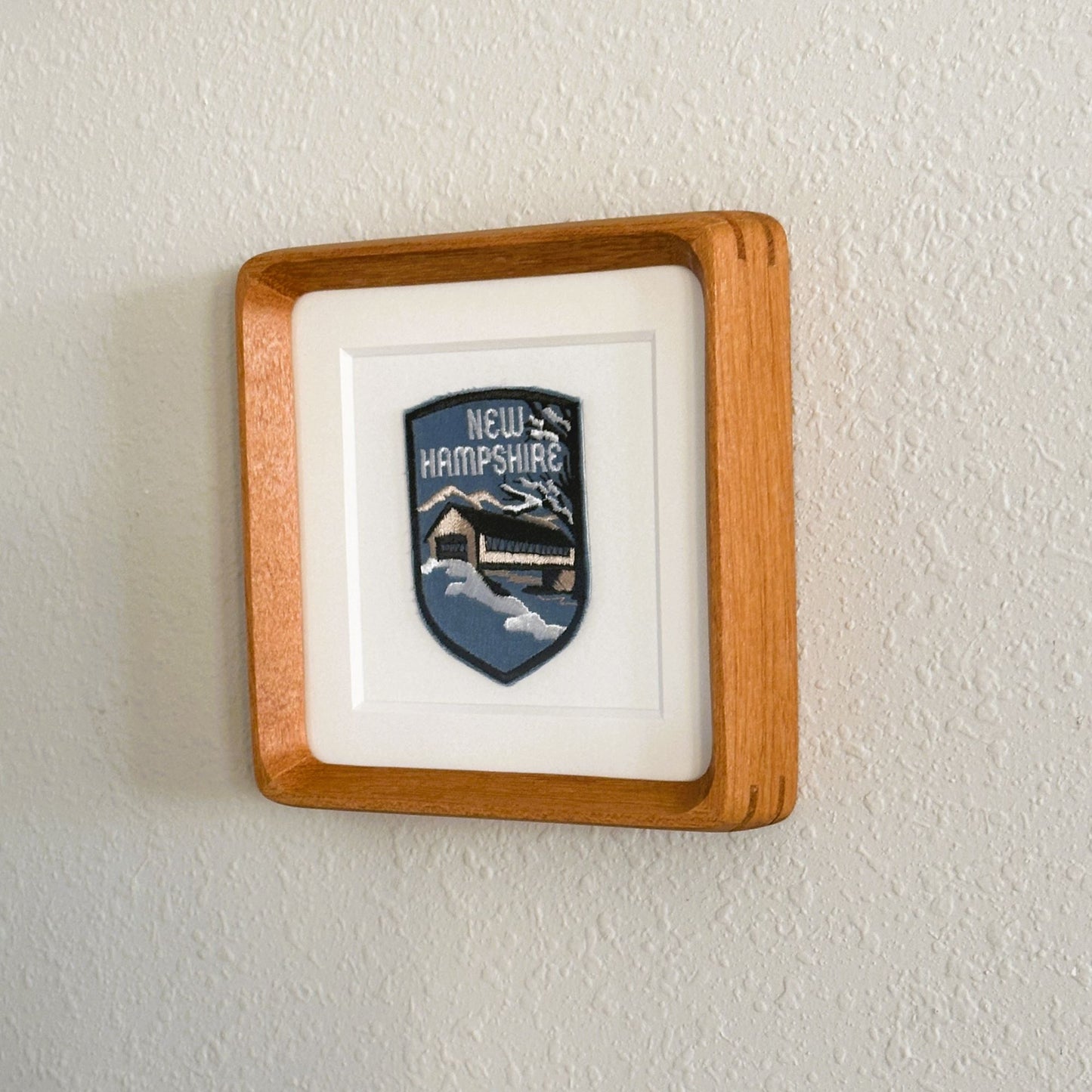 New Hampshire Snowy Covered Bridge Vintage Patch Wood Framed