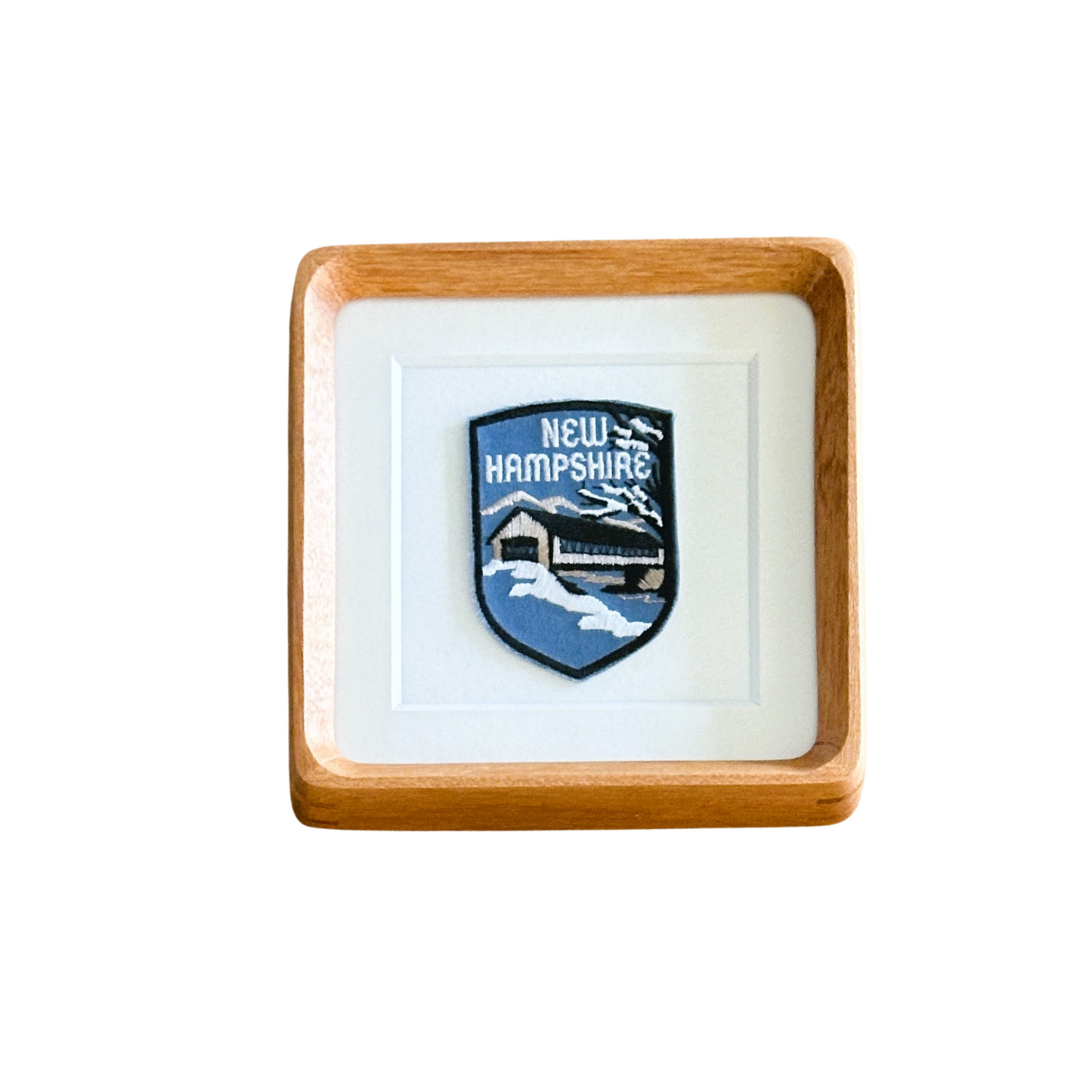 New Hampshire Snowy Covered Bridge Vintage Patch Wood Framed