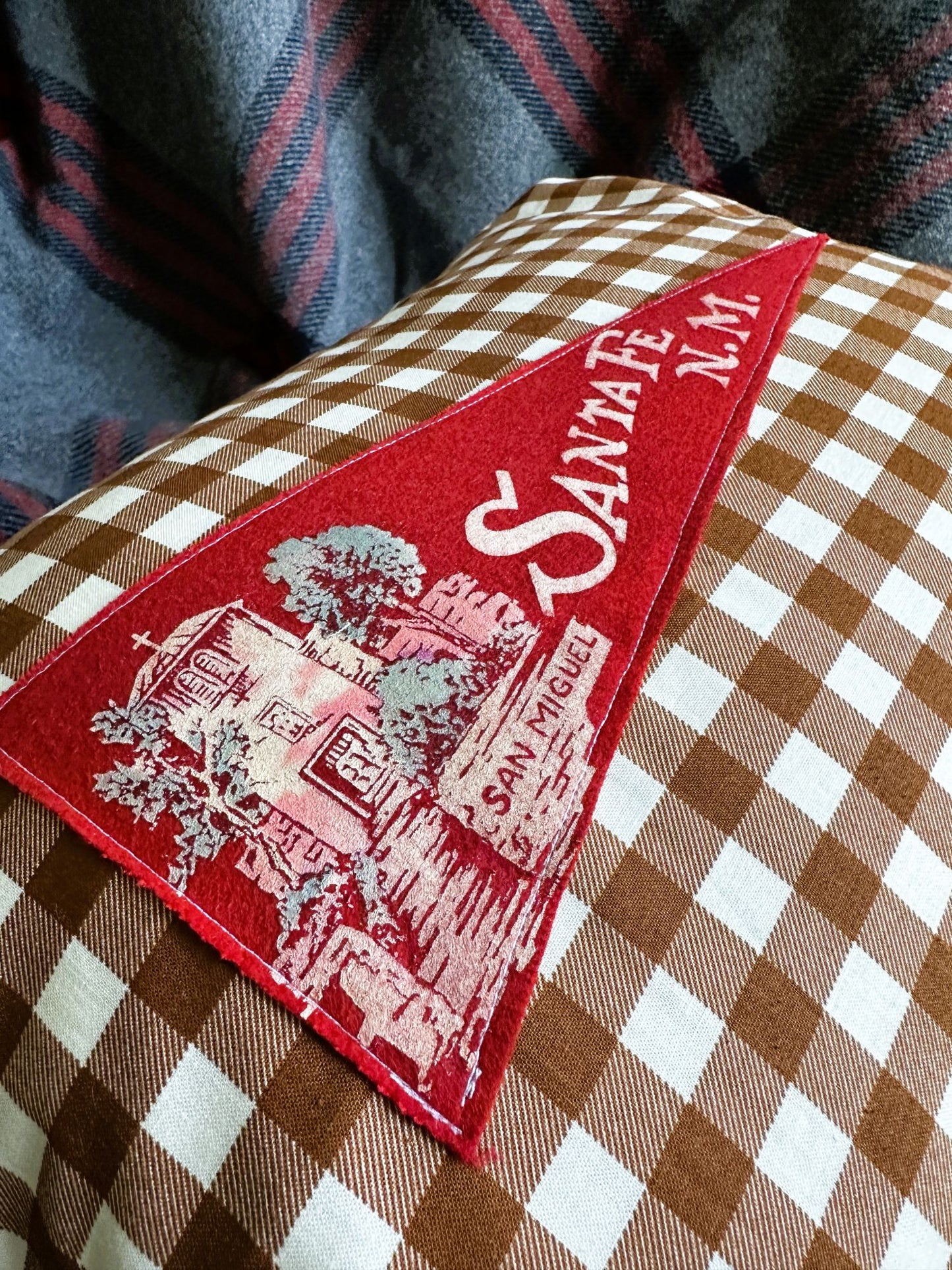 New Mexico Santa Fe Vintage Red Pennant on New Woven Brown Gingham Throw Pillow