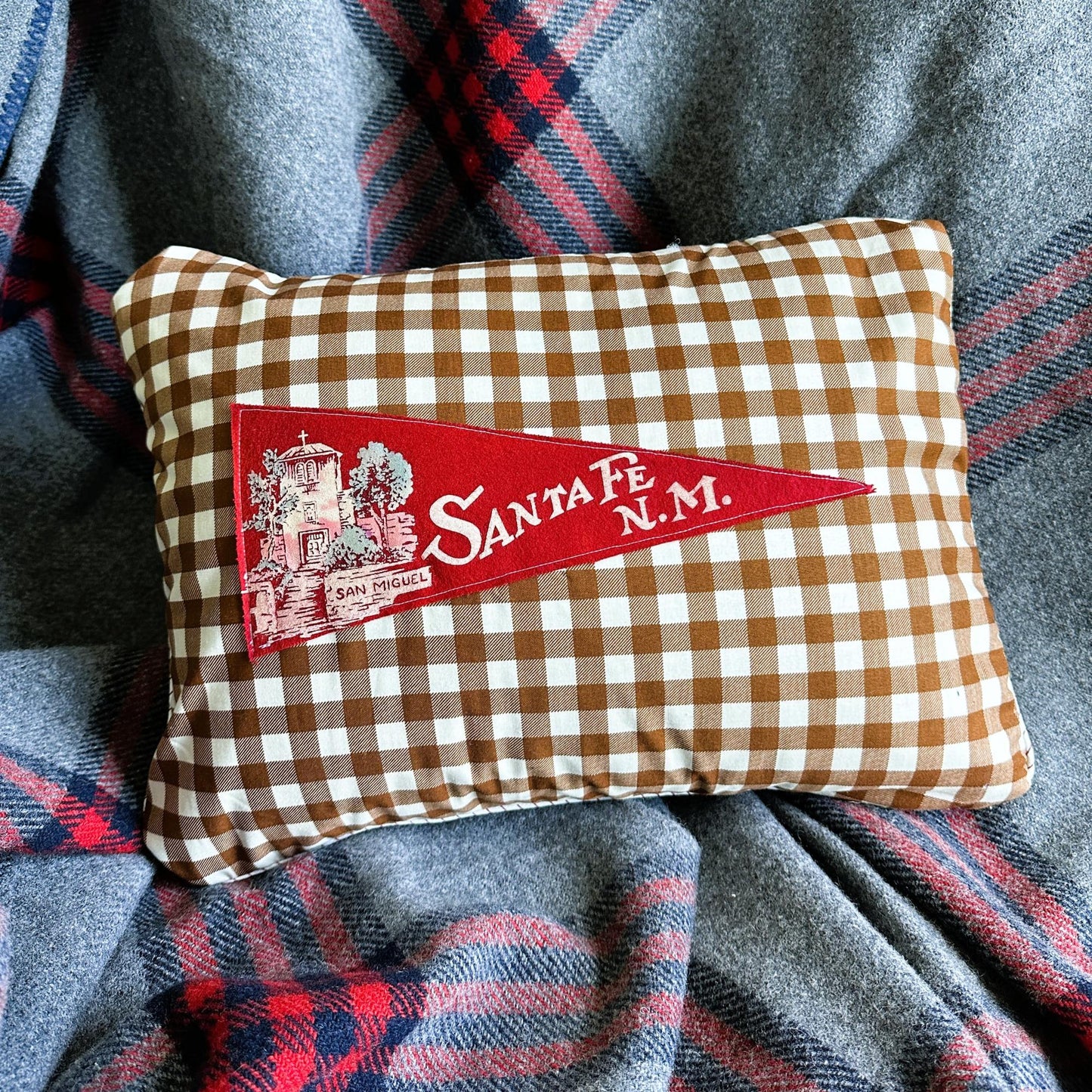 New Mexico Santa Fe Vintage Red Pennant on New Woven Brown Gingham Throw Pillow