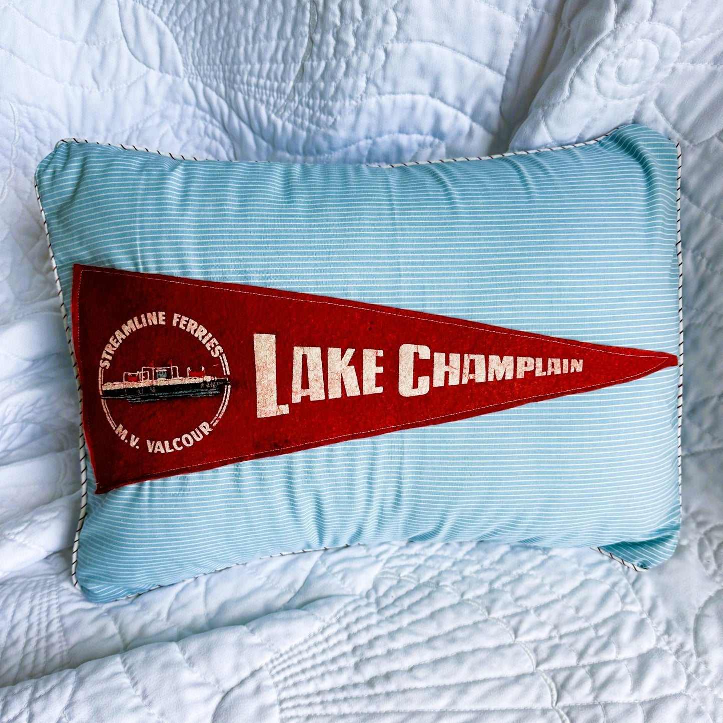 New York Vermont Lake Champlain Ferry Crossing Vintage Pennant on New Woven Throw Pillow