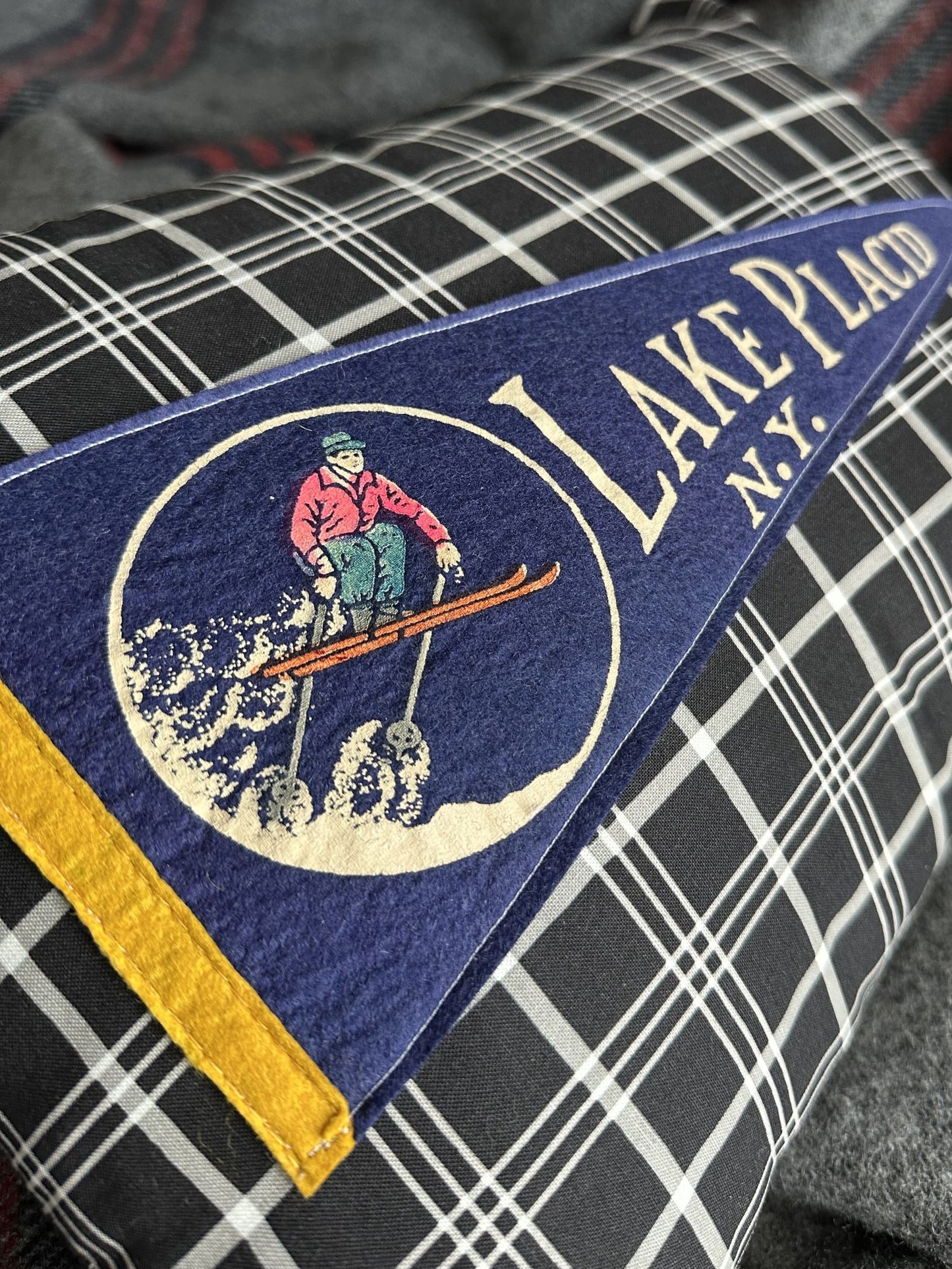 New York Lake Placid Vintage Pennant on New Woven Throw Pillow