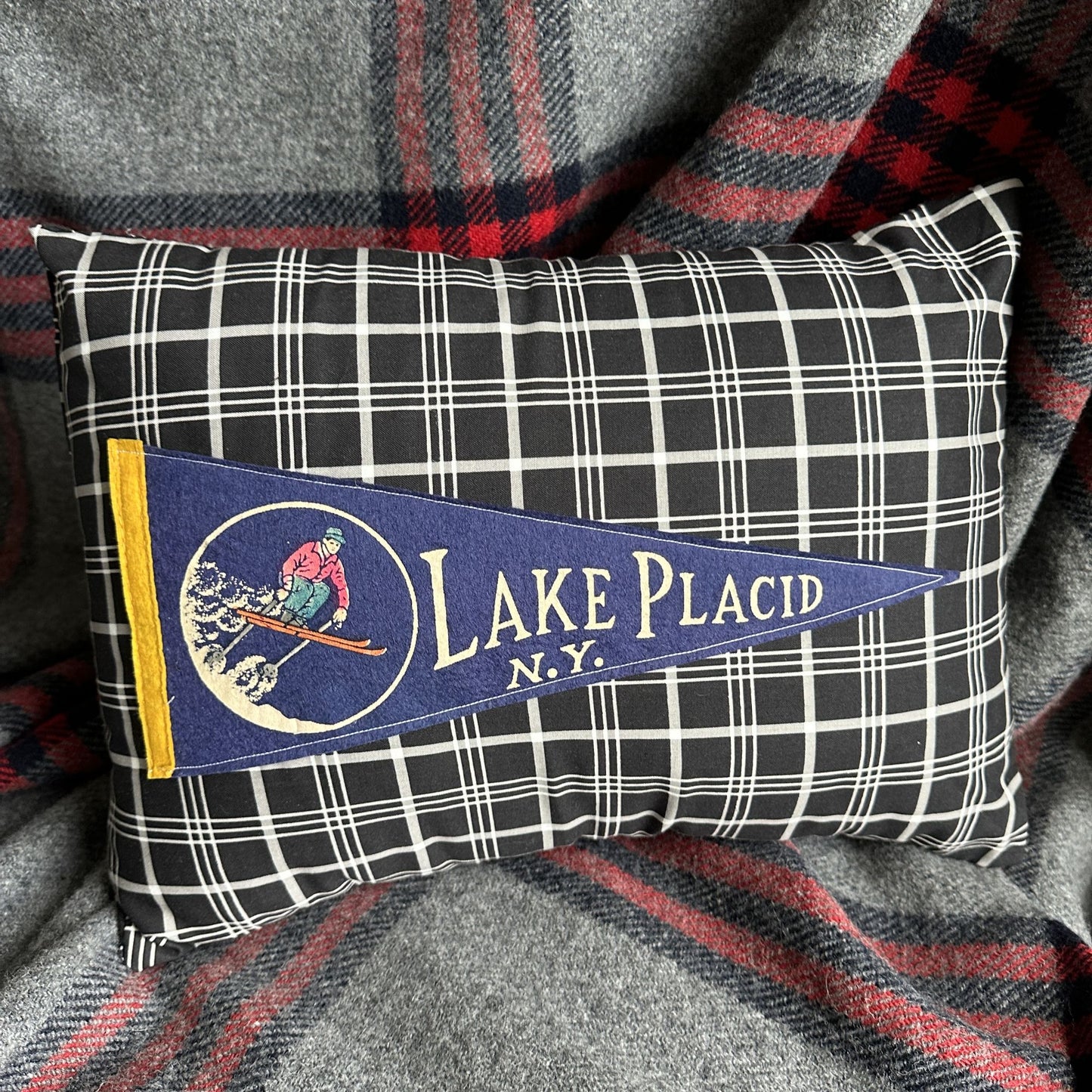 New York Lake Placid Vintage Pennant on New Woven Throw Pillow