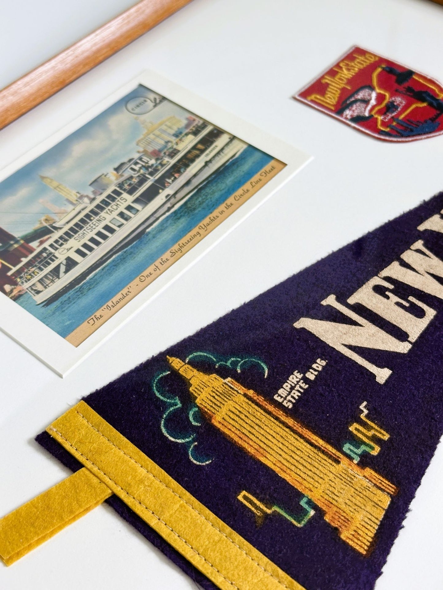 New York NYC Vintage Souvenir Collection 11x14 inch Wood Framed Pennant, Patch, and Postcard