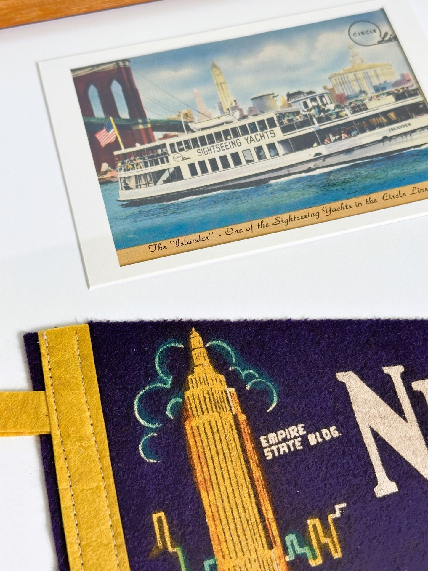 New York NYC Vintage Souvenir Collection 11x14 inch Wood Framed Pennant, Patch, and Postcard