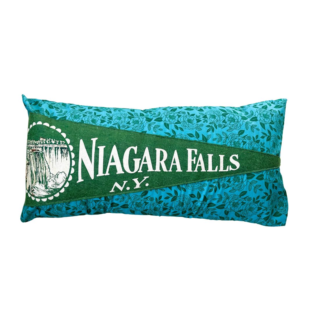 New York Niagra Falls Large Green Vintage Pennant on New Woven Floral Throw Pillow