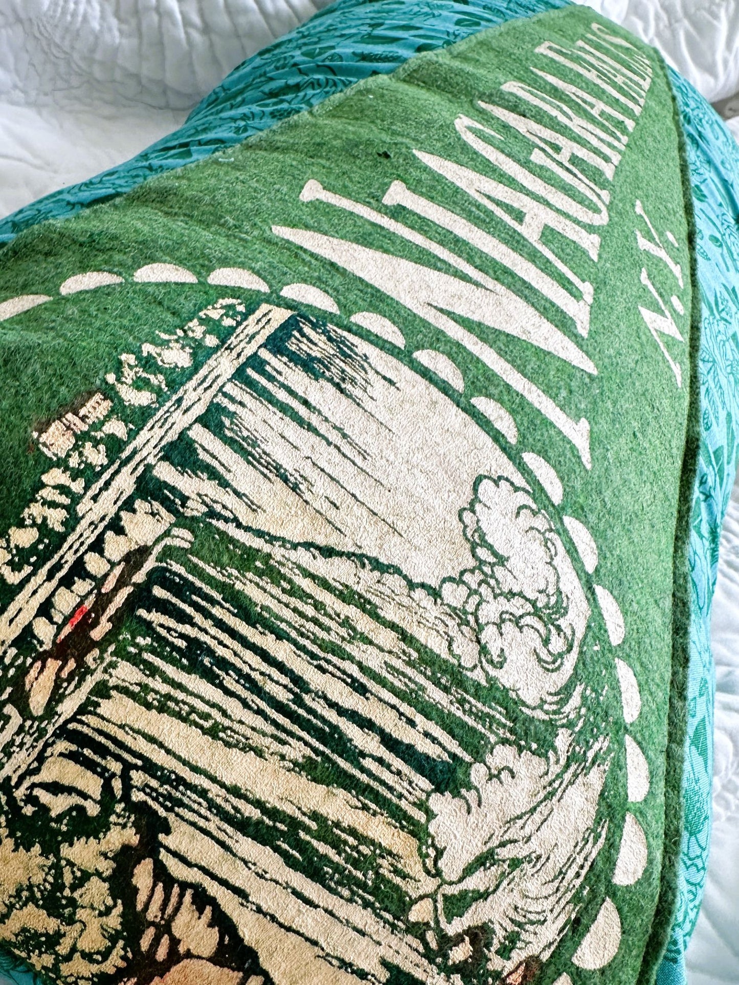 New York Niagra Falls Large Green Vintage Pennant on New Woven Floral Throw Pillow
