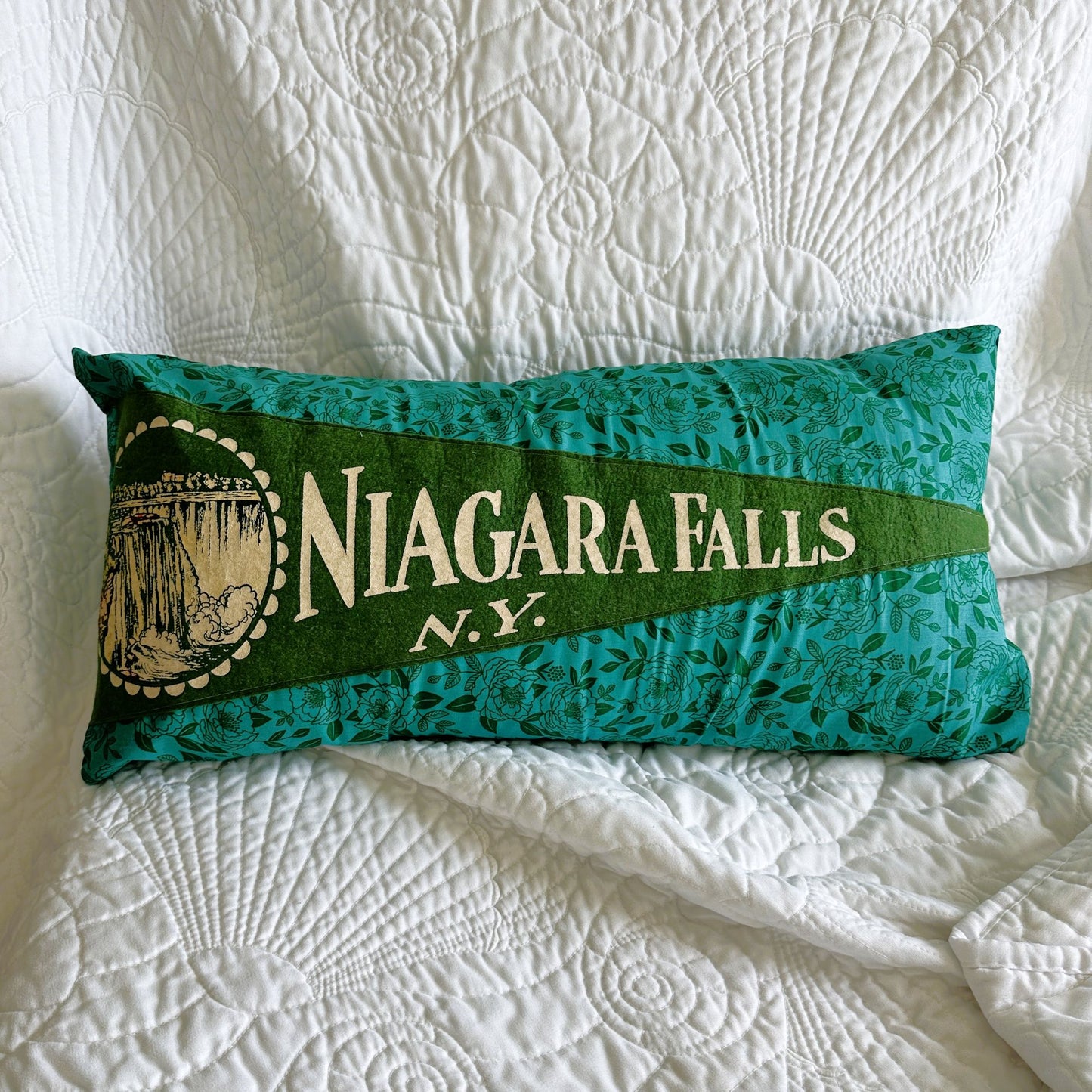 New York Niagra Falls Large Green Vintage Pennant on New Woven Floral Throw Pillow
