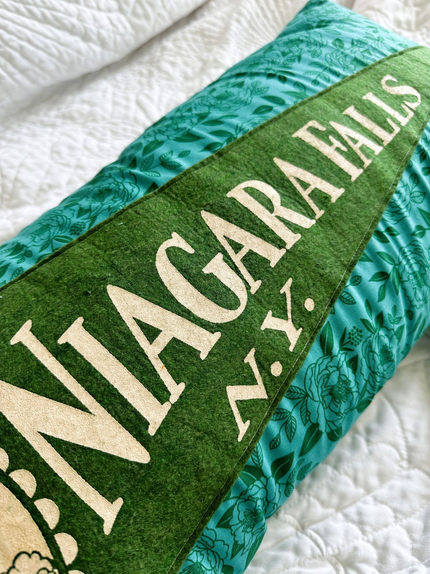 New York Niagra Falls Large Green Vintage Pennant on New Woven Floral Throw Pillow