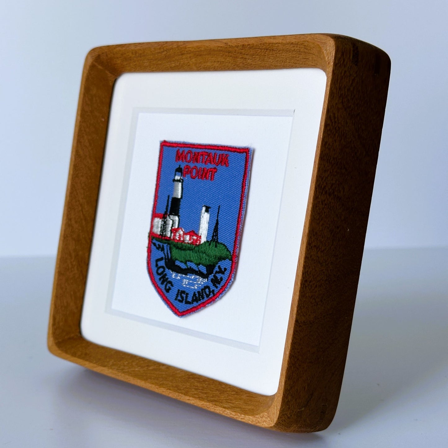 New York Long Island Montauk Point Lighthouse Vintage Travel Patch Wood Framed