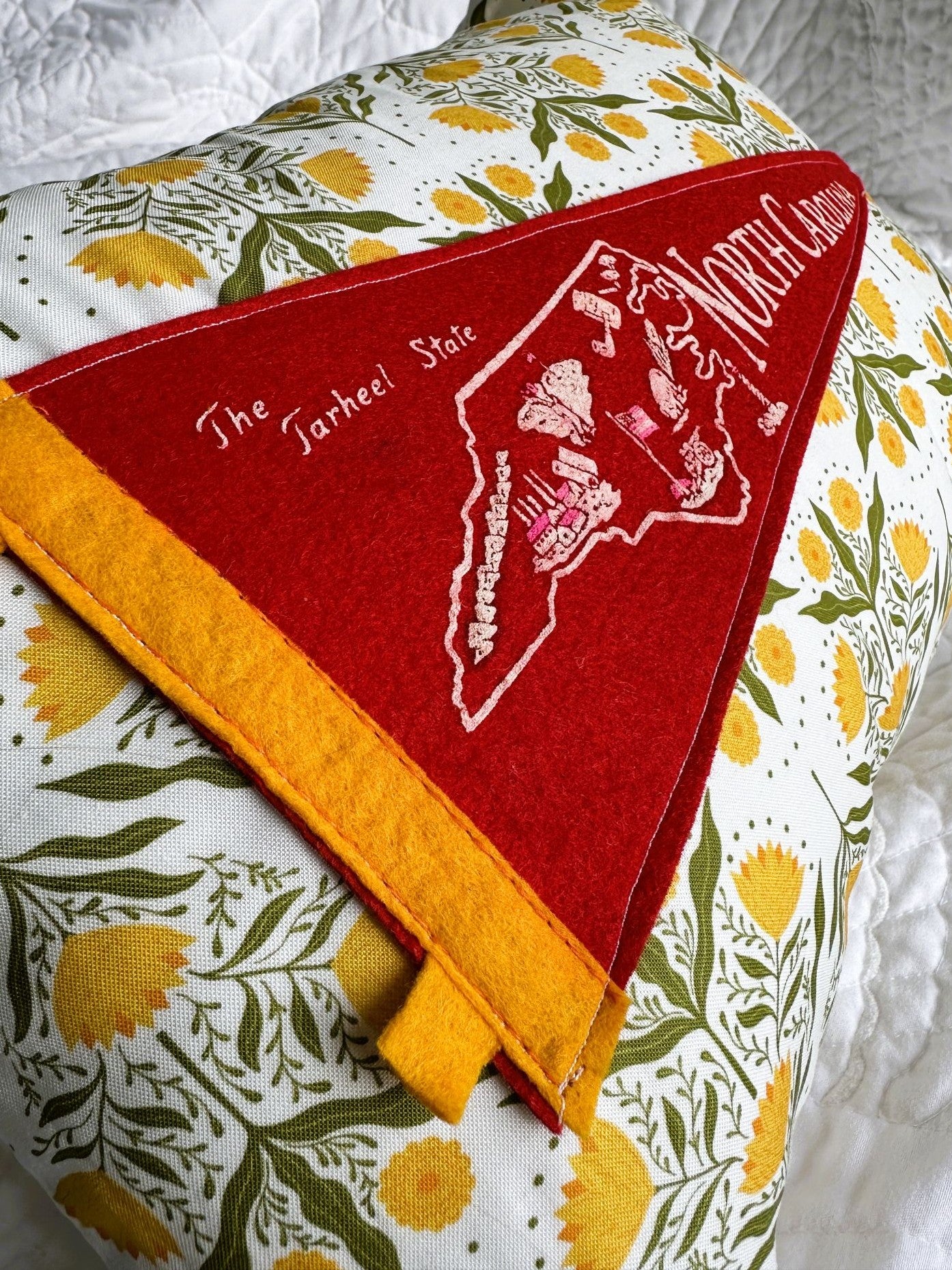North Carolina Vintage Pennant on New Woven Floral Throw Pillow