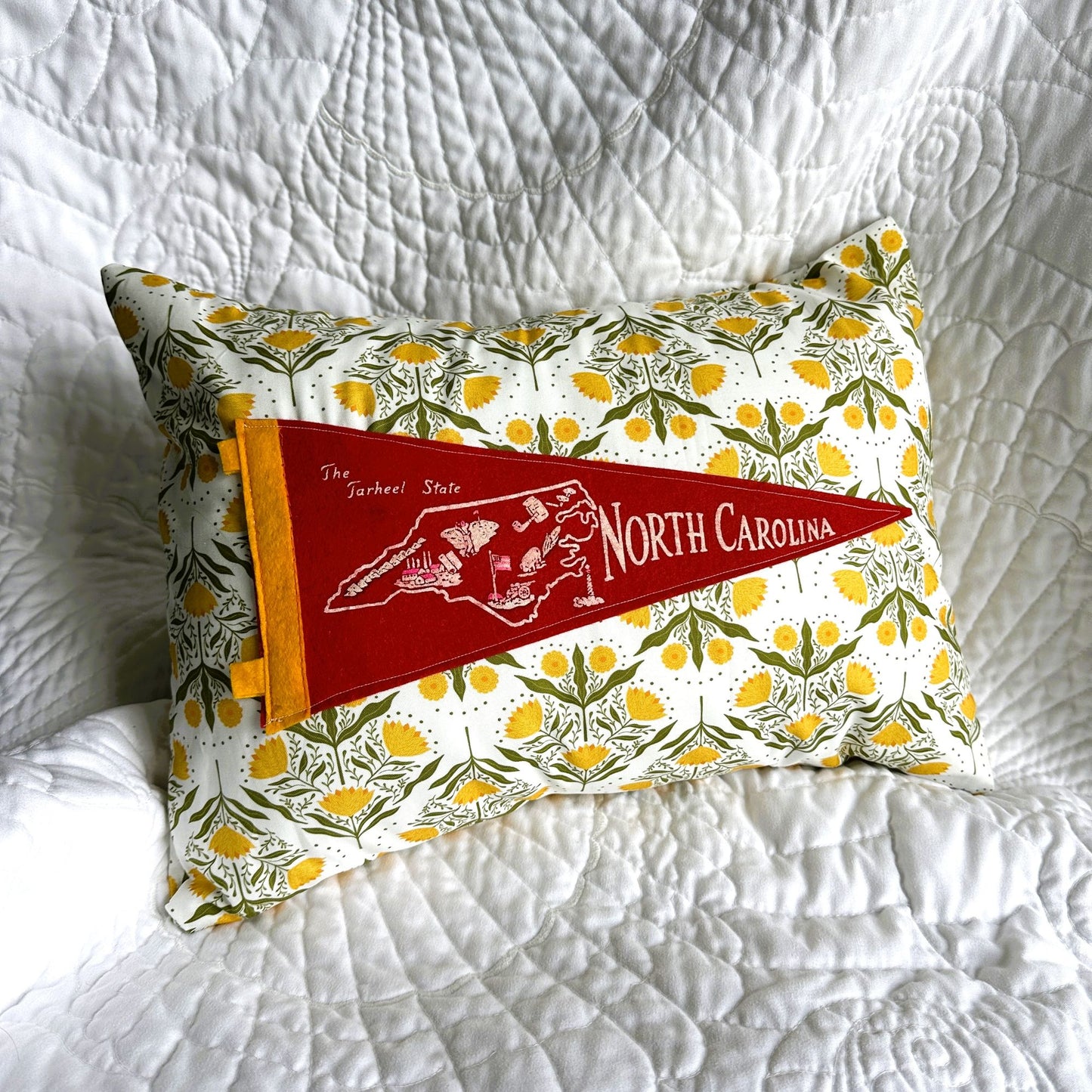 North Carolina Vintage Pennant on New Woven Floral Throw Pillow