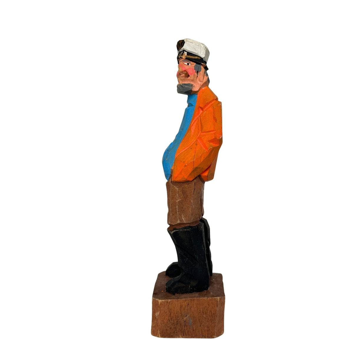 American Old Salt Vintage Sea Captain Orange Coat and Cigar Wood Carving 8 inches