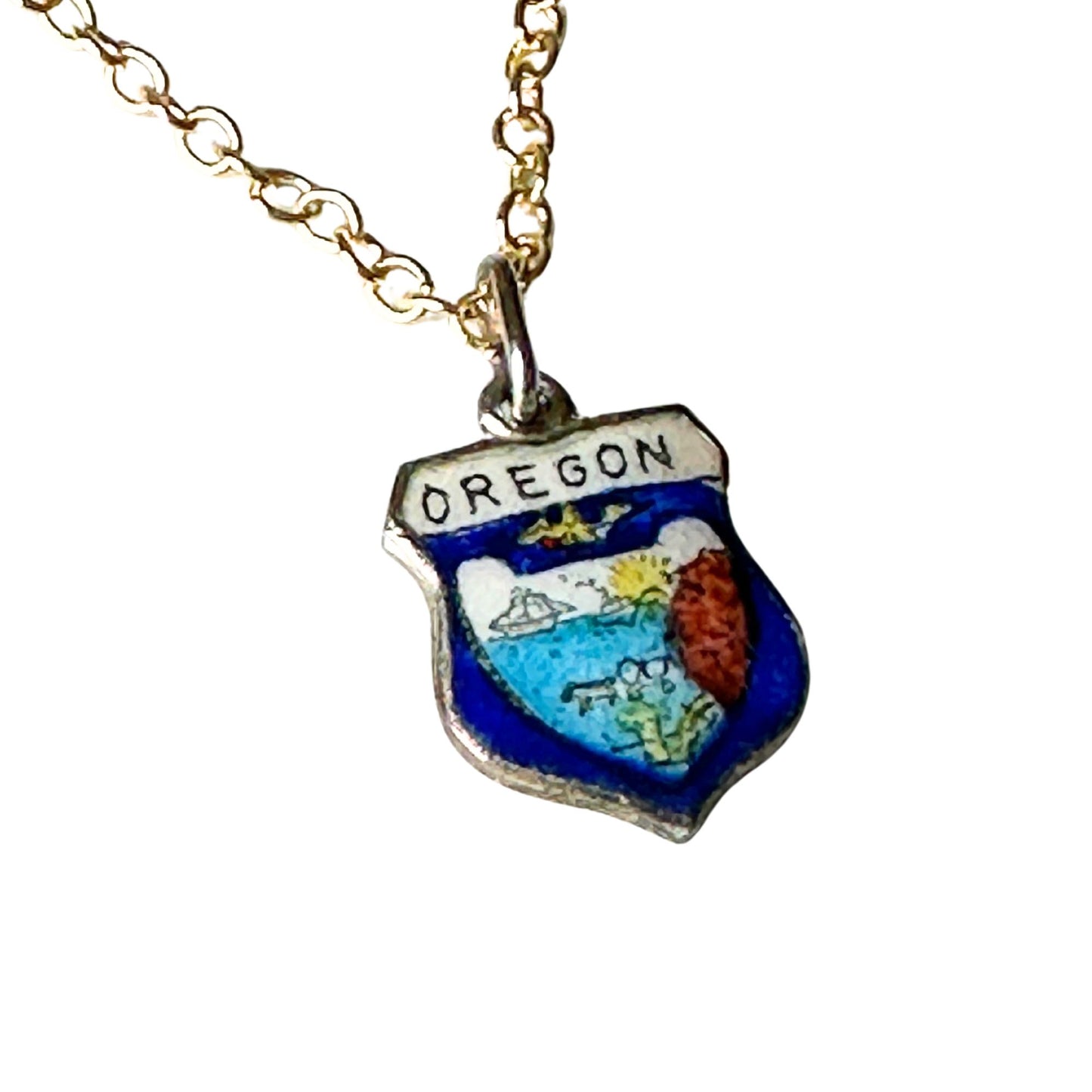 Oregon Vintage Fritz REU Sterling Silver Enamel Charm on New 18 Inch Gold Filled Necklace