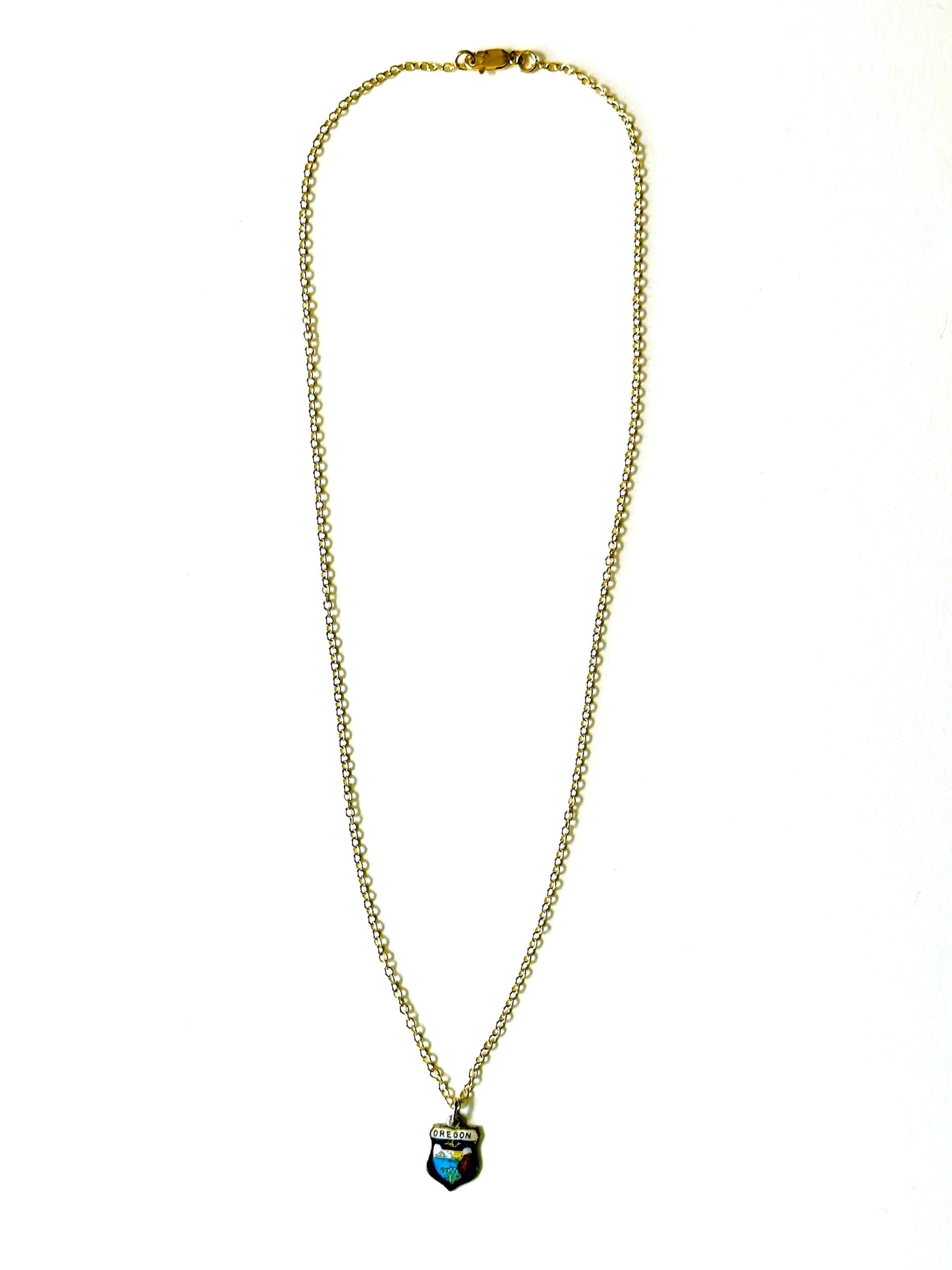 Oregon Vintage Fritz REU Sterling Silver Enamel Charm on New 18 Inch Gold Filled Necklace