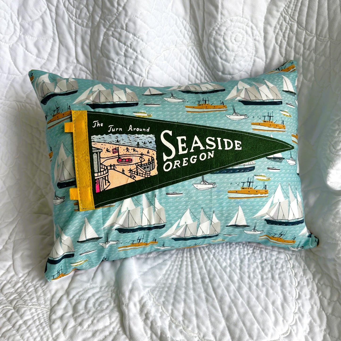 Oregon Seaside Vintage Pennant on New Woven Sailboat Fabric Throw Pillow