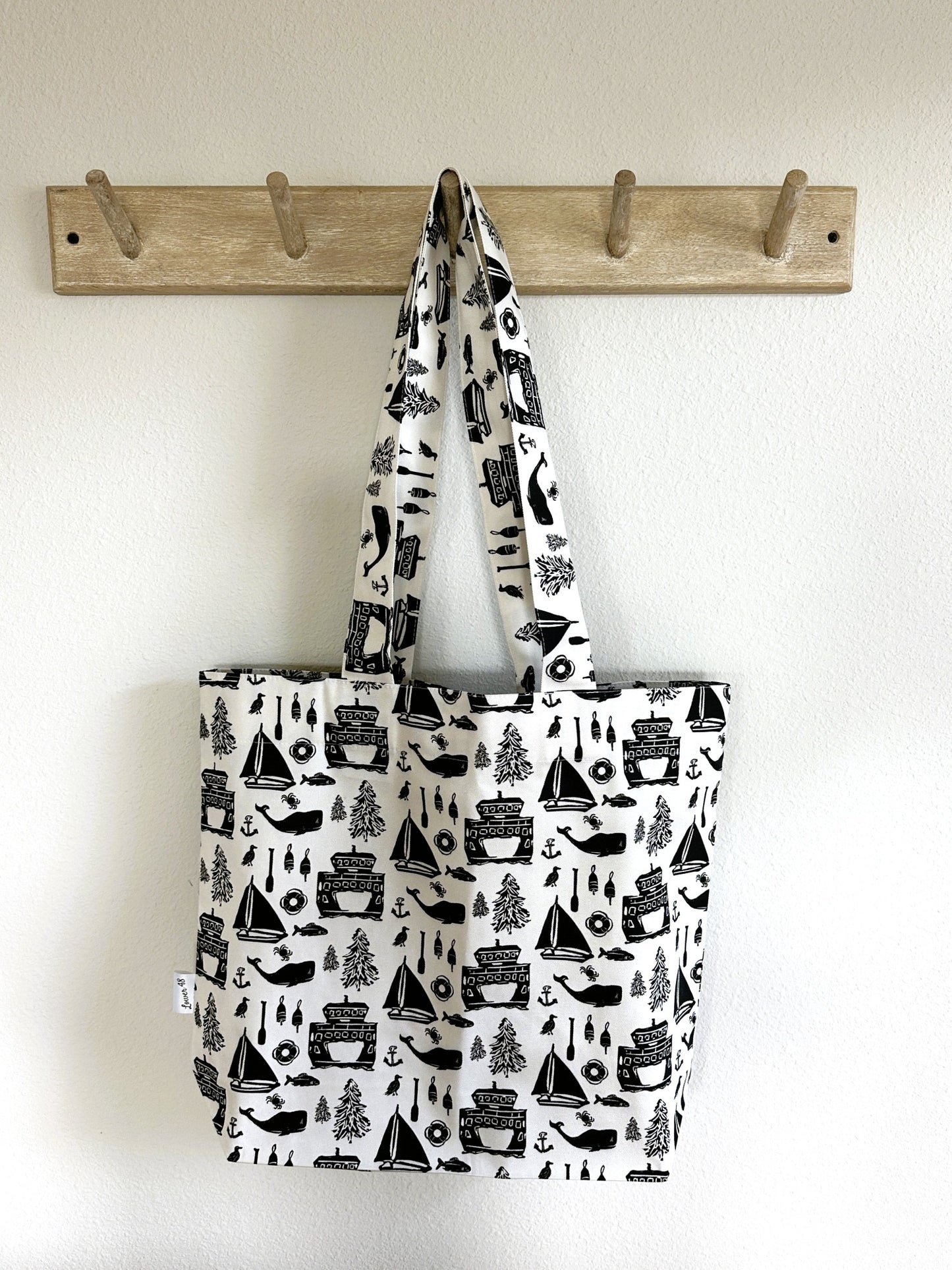 Pacific Northwest Ferry Boat Design Block Print Large Tote Bag