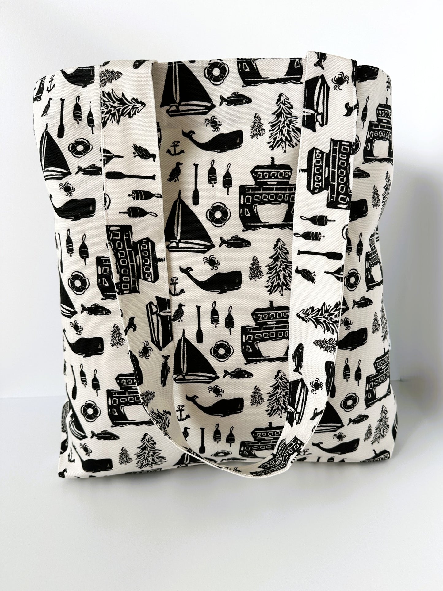 Pacific Northwest Ferry Boat Design Block Print Large Tote Bag