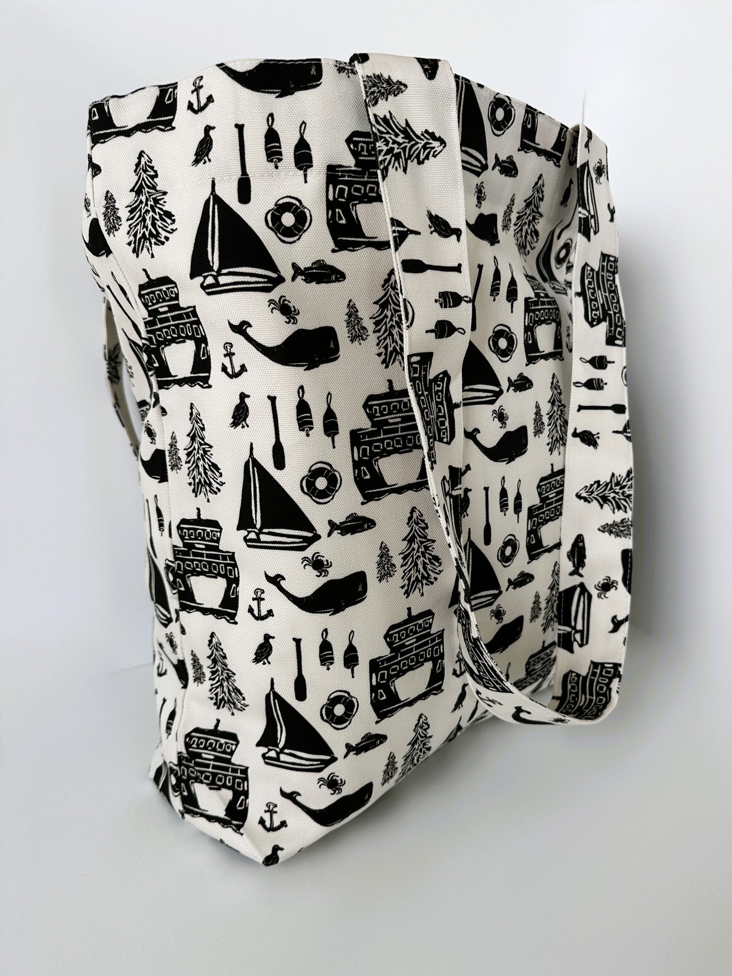 Pacific Northwest Ferry Boat Design Block Print Large Tote Bag