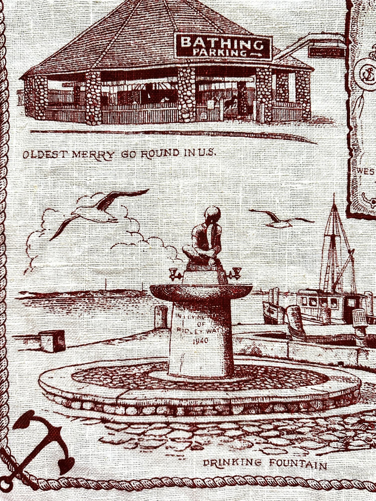Rhode Island Watch Hill 1960-70s Hand Printed Linen READY TO FRAME