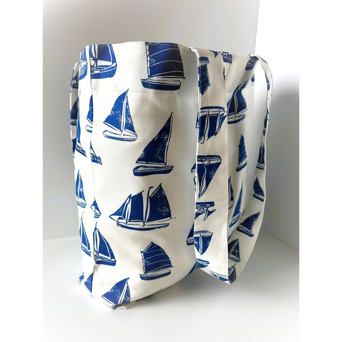 Sailboat Block Print Large Blue and White Design Tote Bag