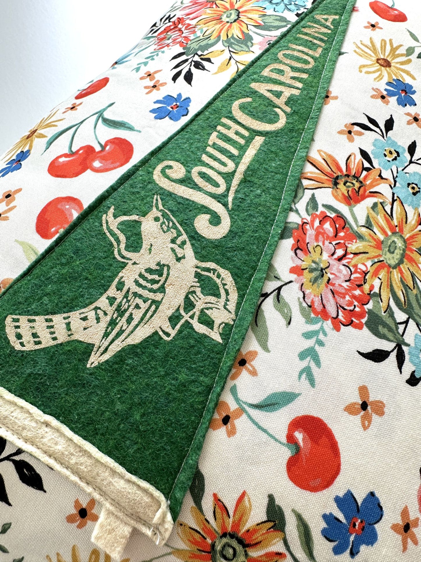 South Carolina Green Vintage Pennant on New Woven Floral Throw Pillow