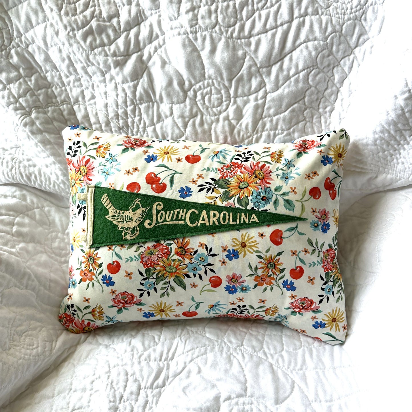 South Carolina Green Vintage Pennant on New Woven Floral Throw Pillow