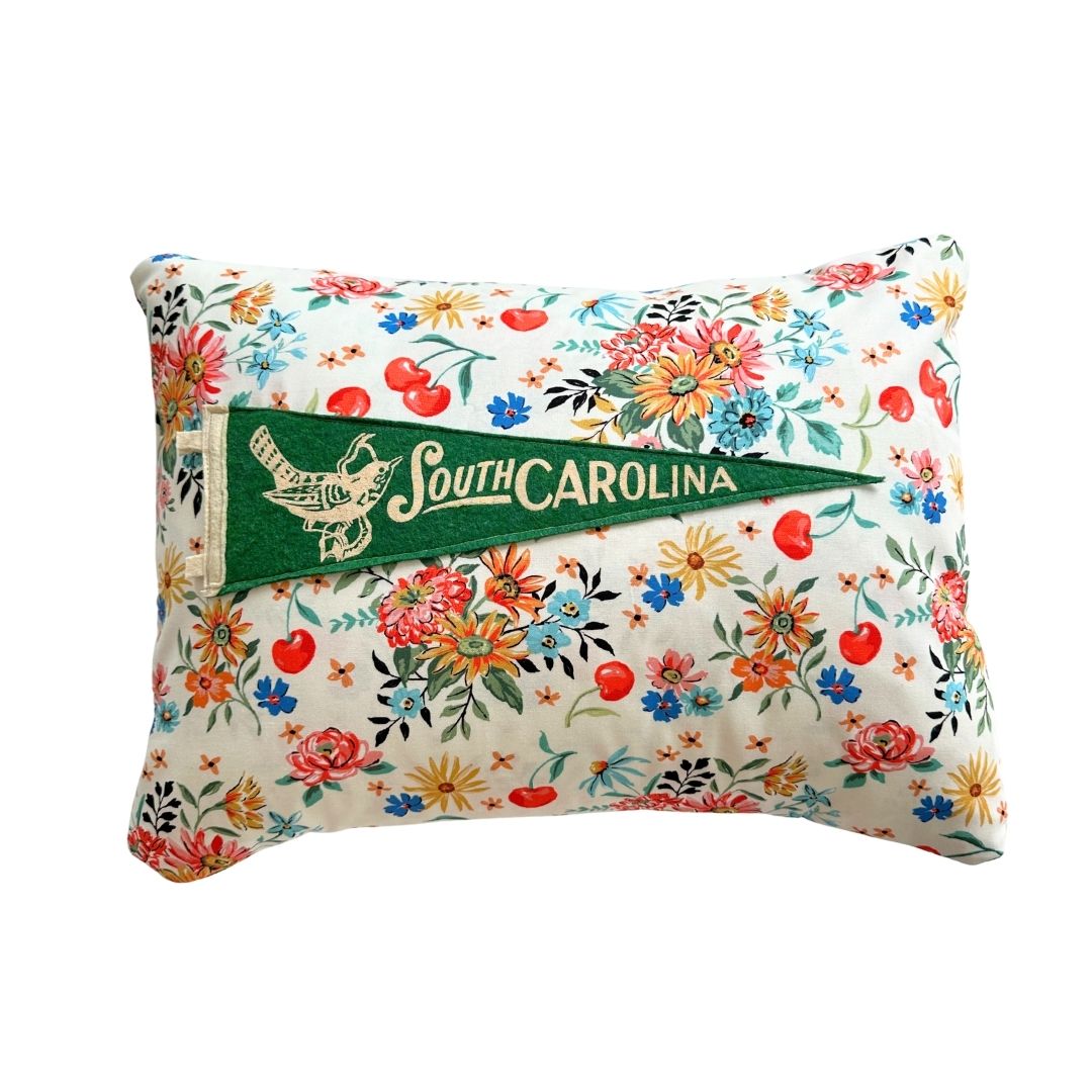 South Carolina Green Vintage Pennant on New Woven Floral Throw Pillow
