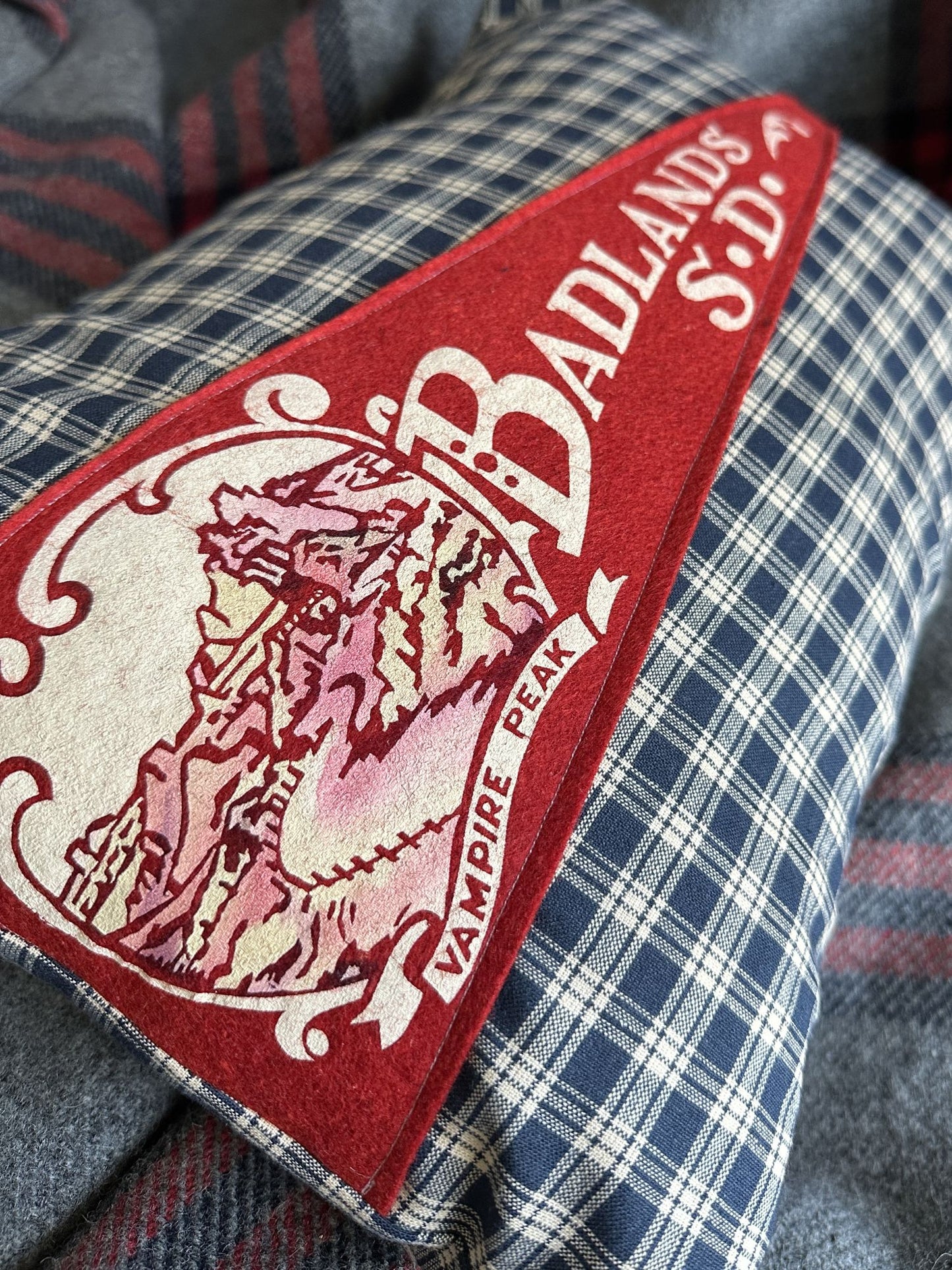 South Dakota Badlands Vintage Red Pennant on New Woven Plaid Pillow