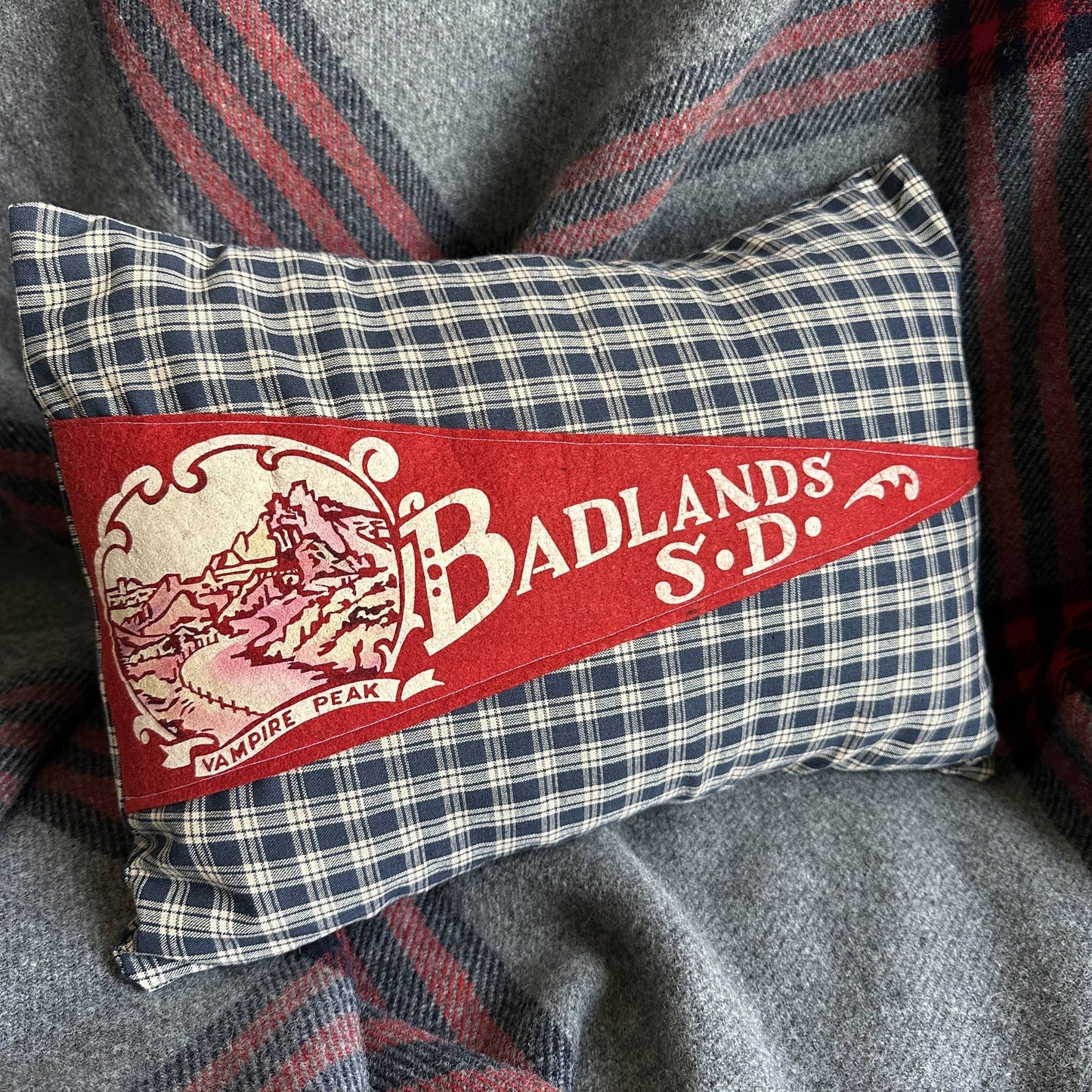 South Dakota Badlands Vintage Red Pennant on New Woven Plaid Pillow
