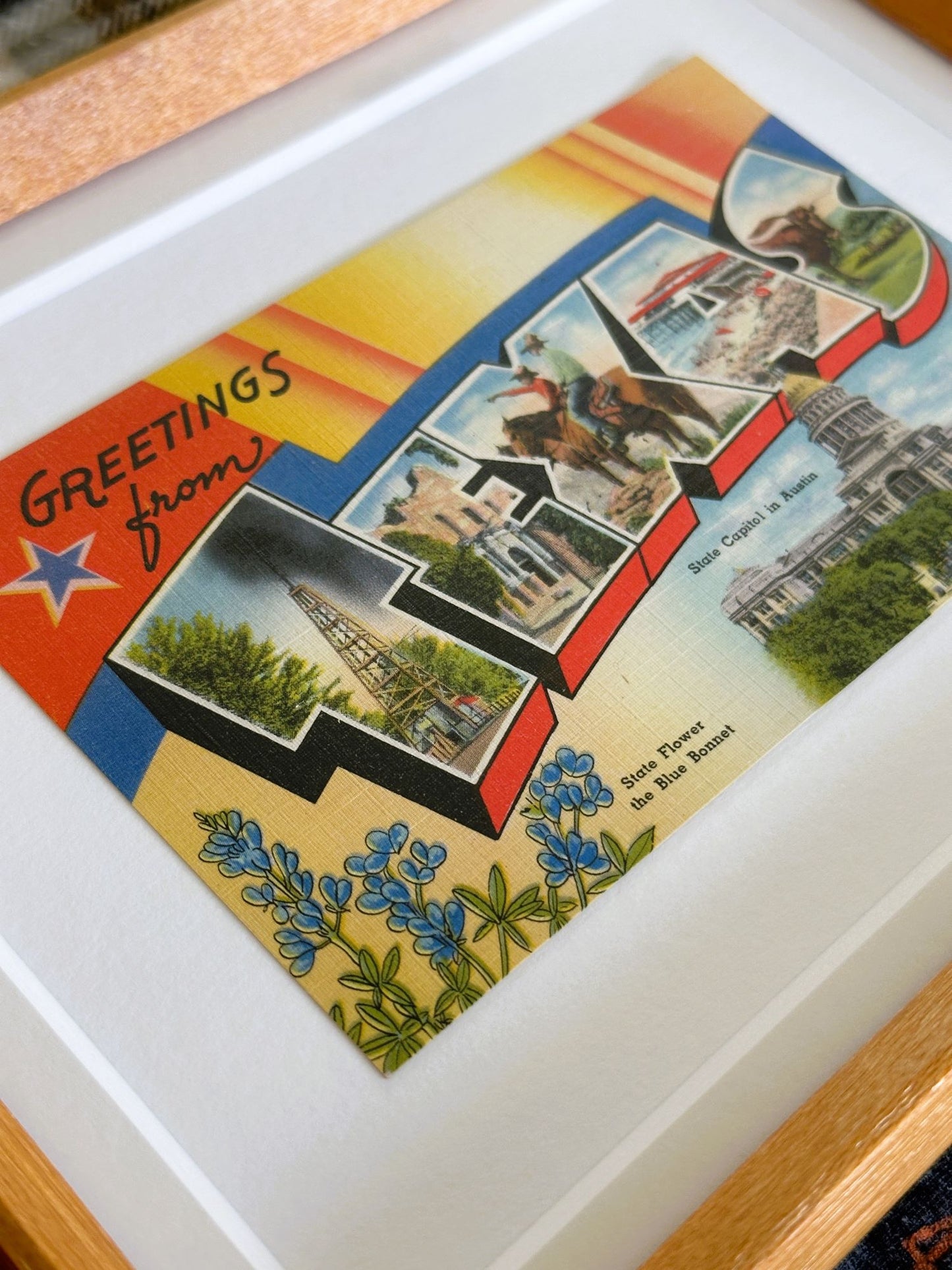 Texas Vintage Framed Postcard, Greetings from Texas
