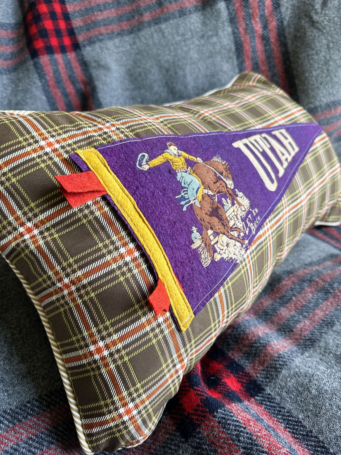 Utah Rodeo Cowboy Vintage Pennant on New Woven Plaid Throw Pillow