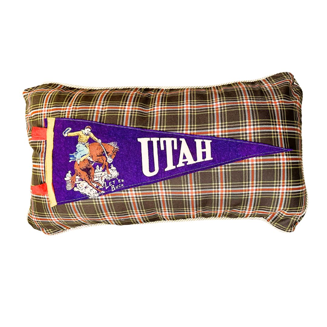 Utah Rodeo Cowboy Vintage Pennant on New Woven Plaid Throw Pillow