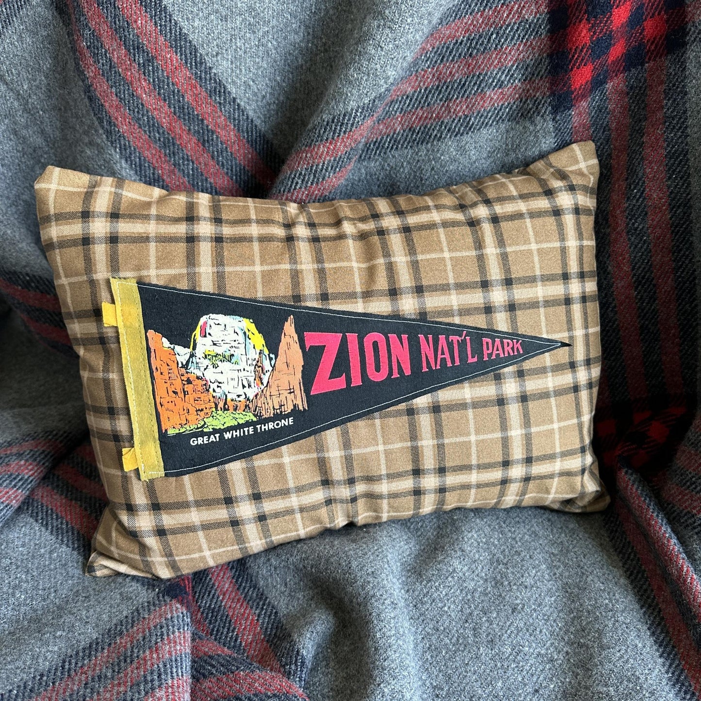 Utah Zion National Park Vintage Black Pennant on New Woven Plaid Throw Pillow