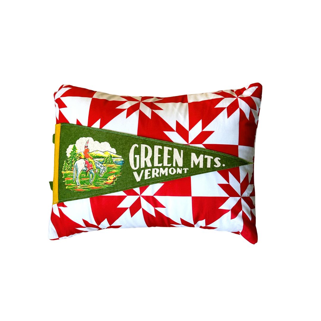 Vermont Green Mountains Vintage Pennant on New Woven Throw Pillow