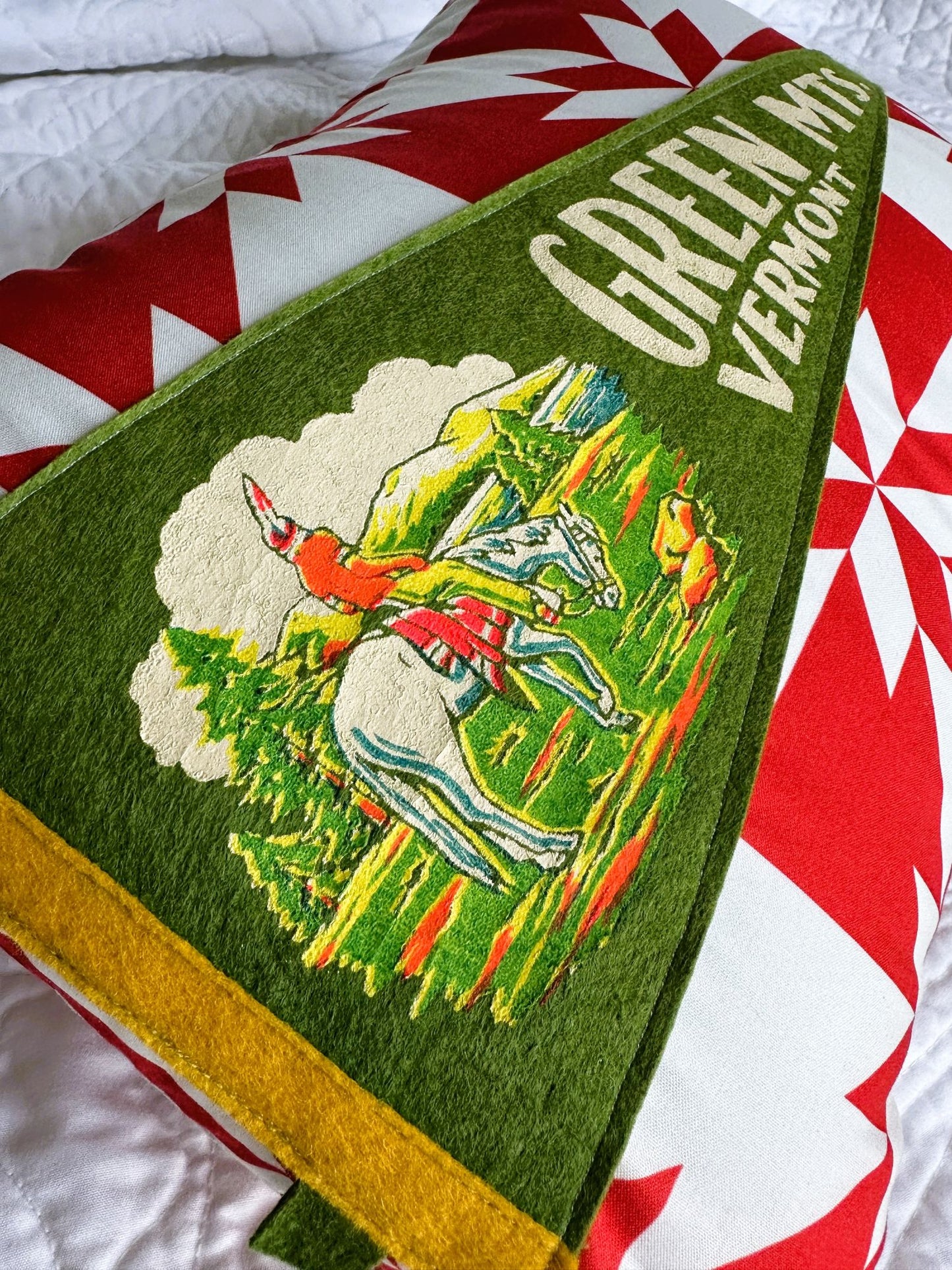Vermont Green Mountains Vintage Pennant on New Woven Throw Pillow