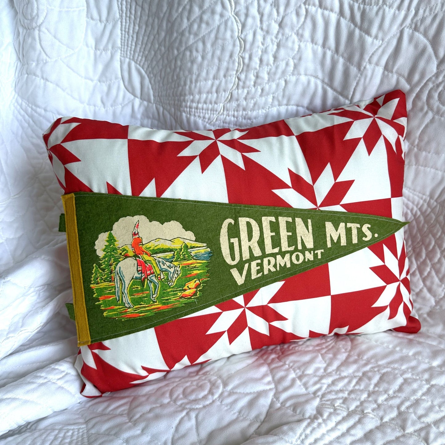 Vermont Green Mountains Vintage Pennant on New Woven Throw Pillow