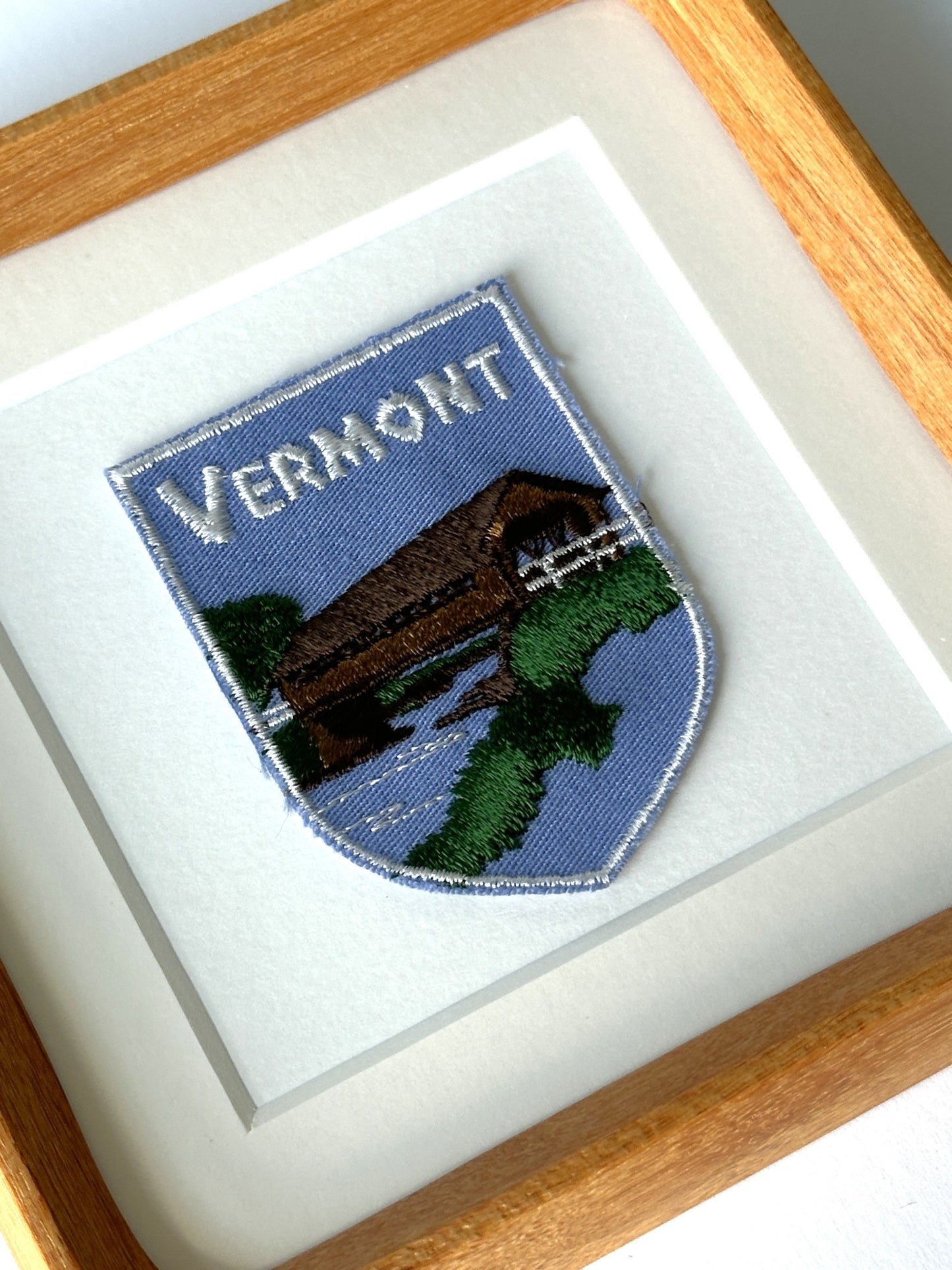 Vermont Covered Bridge Pale Blue Sky Vintage Framed Travel Patch